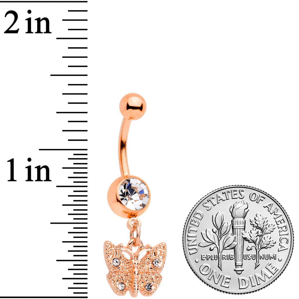 BodyCandy Rose Gold Tone Clear Gem Baroque Butterfly Dangle Belly Ring — detail close-up