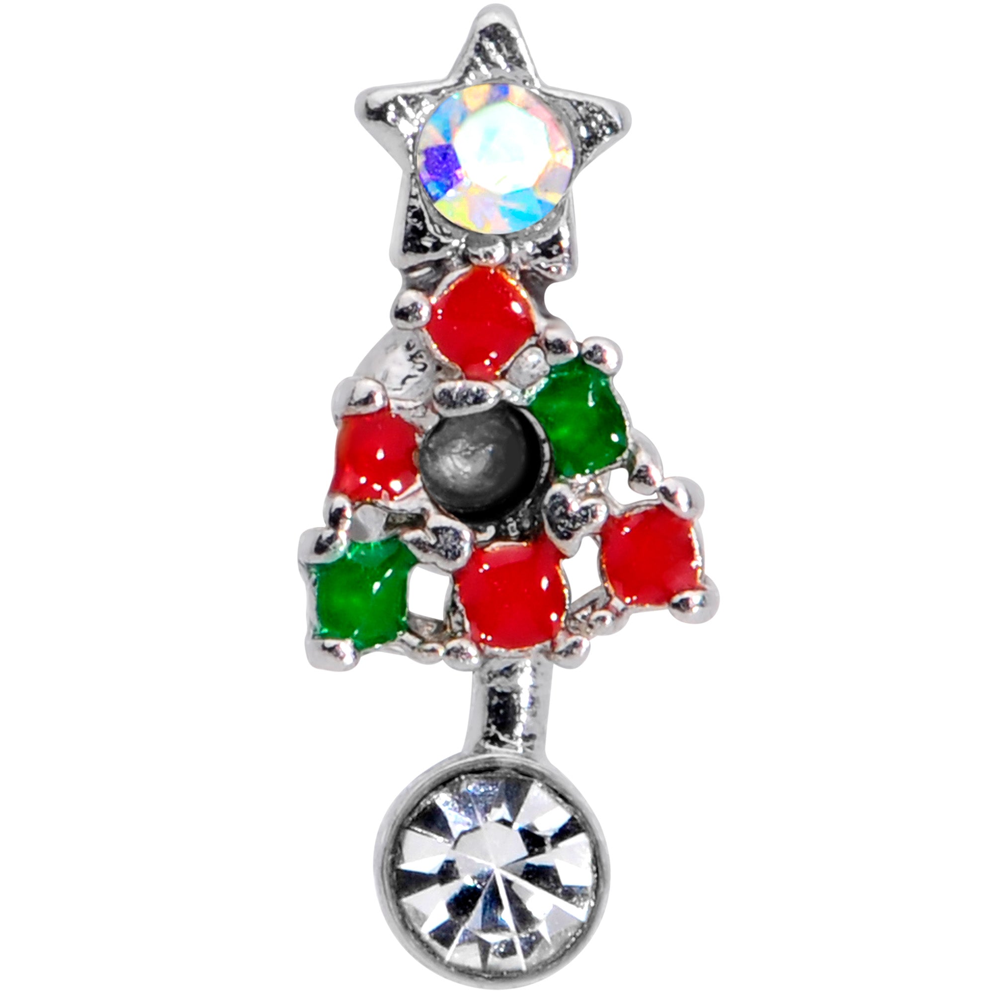 BodyCandy 16G 5/16 Red Green Gem Christmas Tree Labret Monroe Tragus — detail close-up