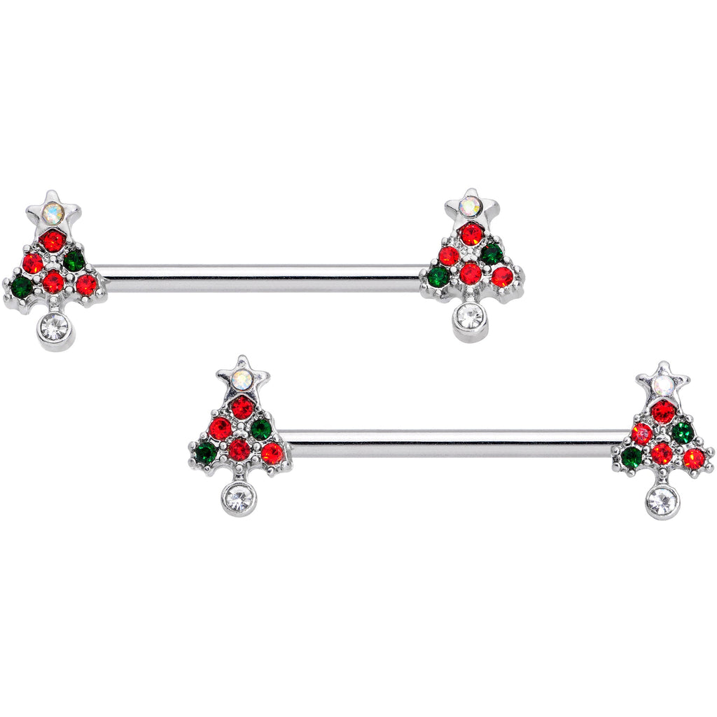 BodyCandy 14G 11/16 Clear Red Green Gem Christmas Tree Nipple Ring Set — main product shot