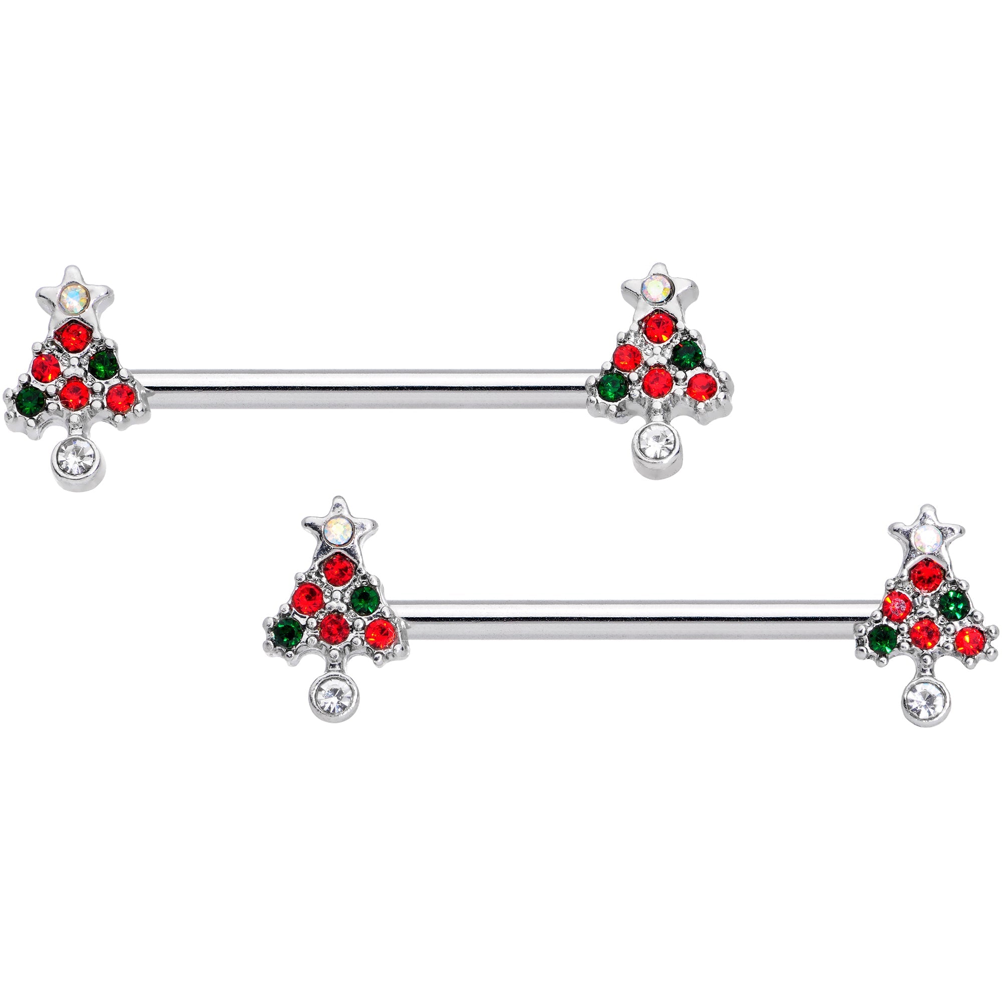 BodyCandy 14G 11/16 Clear Red Green Gem Christmas Tree Nipple Ring Set — main product shot
