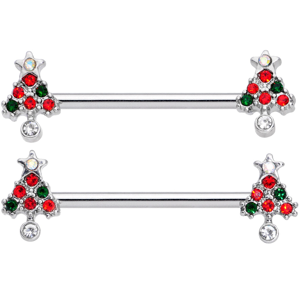 BodyCandy 14G 11/16 Clear Red Green Gem Christmas Tree Nipple Ring Set — detail close-up