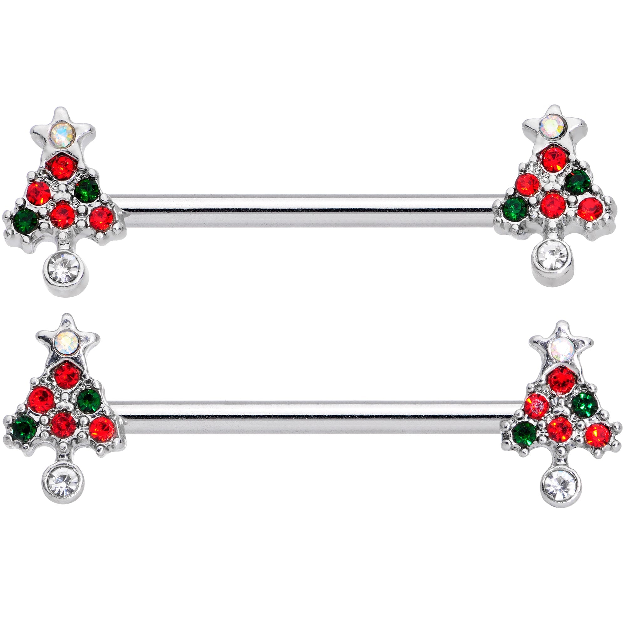 BodyCandy 14G 11/16 Clear Red Green Gem Christmas Tree Nipple Ring Set — detail close-up