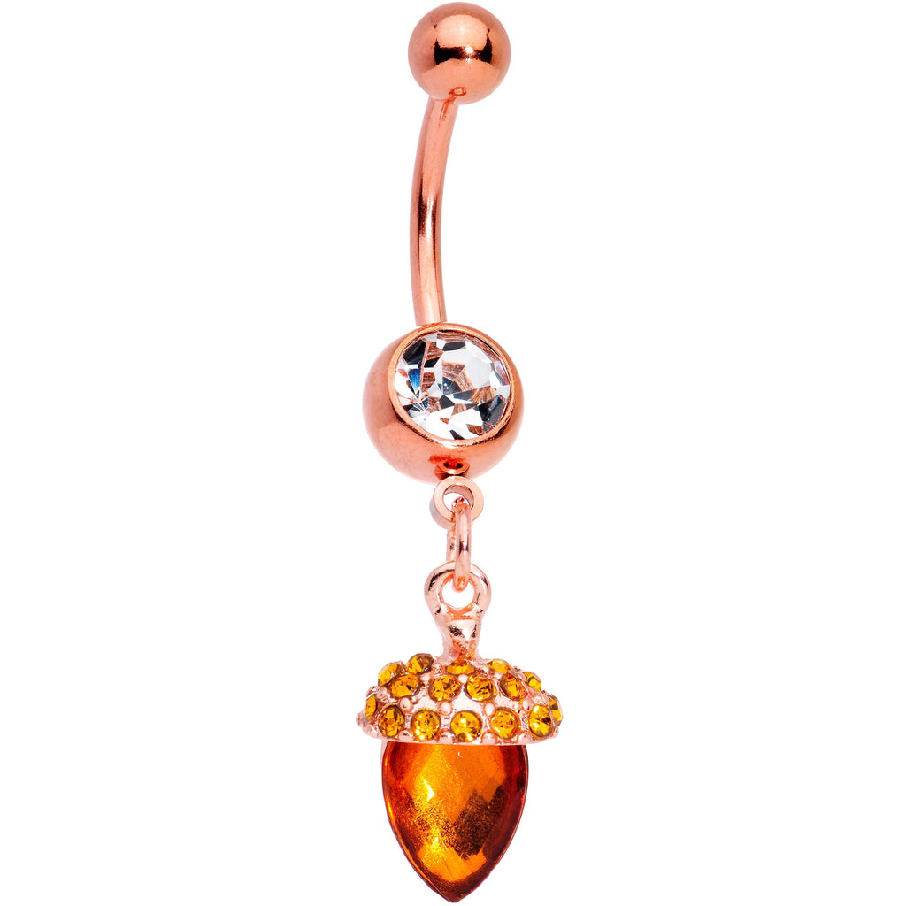 BodyCandy Clear Brown Gem Rose Gold Tone Fall Autumn Acorn Dangle Belly Ring — main product shot