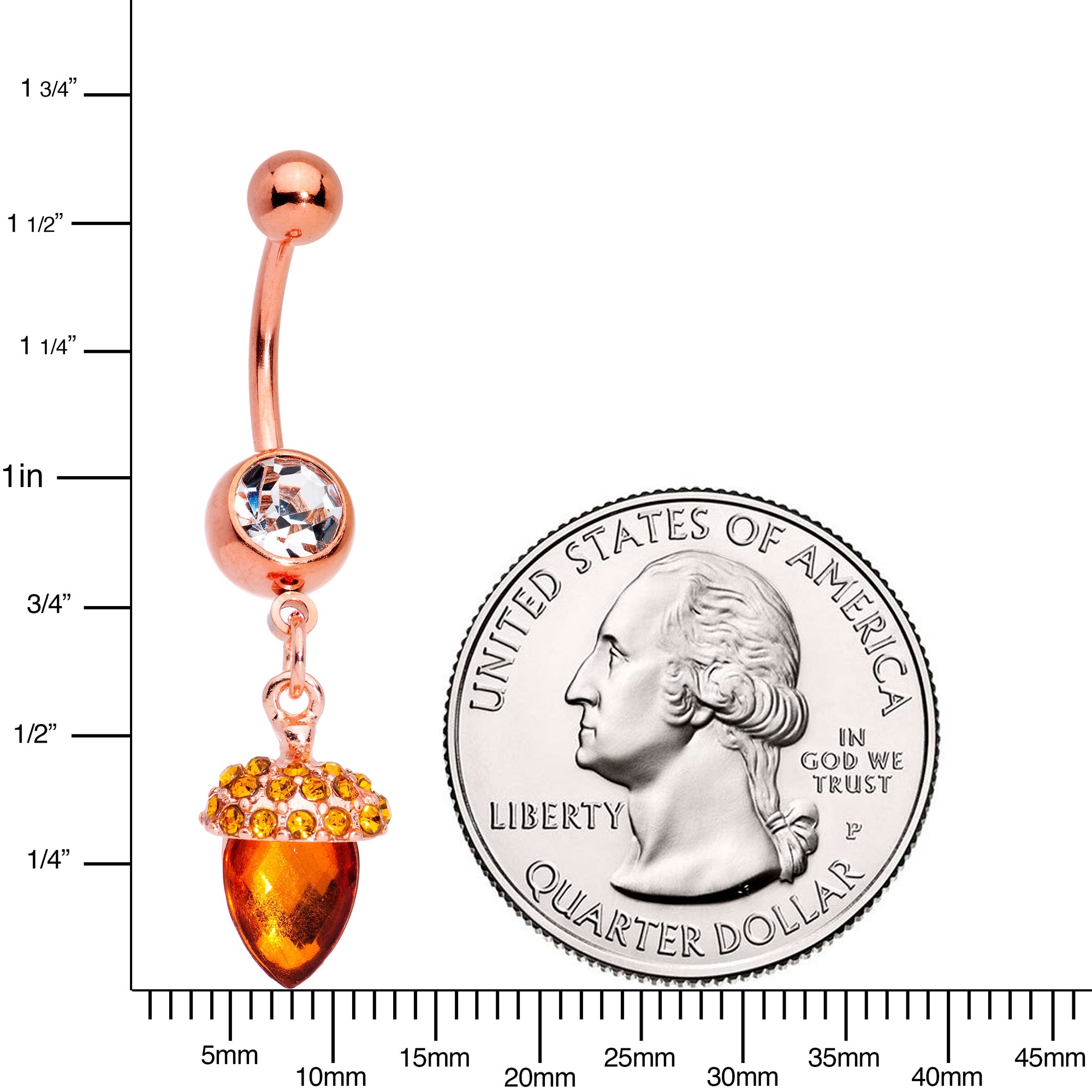 BodyCandy Clear Brown Gem Rose Gold Tone Fall Autumn Acorn Dangle Belly Ring — detail close-up