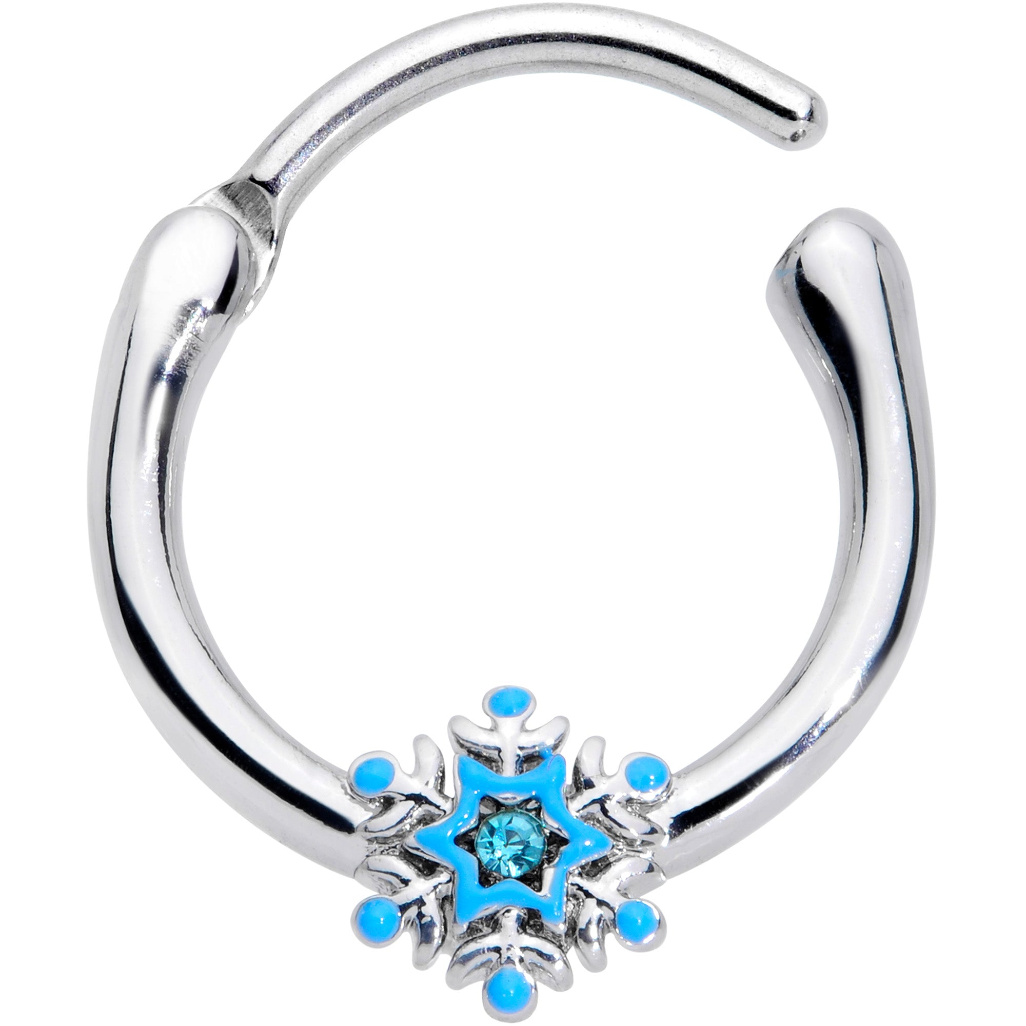 BodyCandy 16G 3/8 Aqua Gem Winter Snowflake Septum Clicker — detail close-up