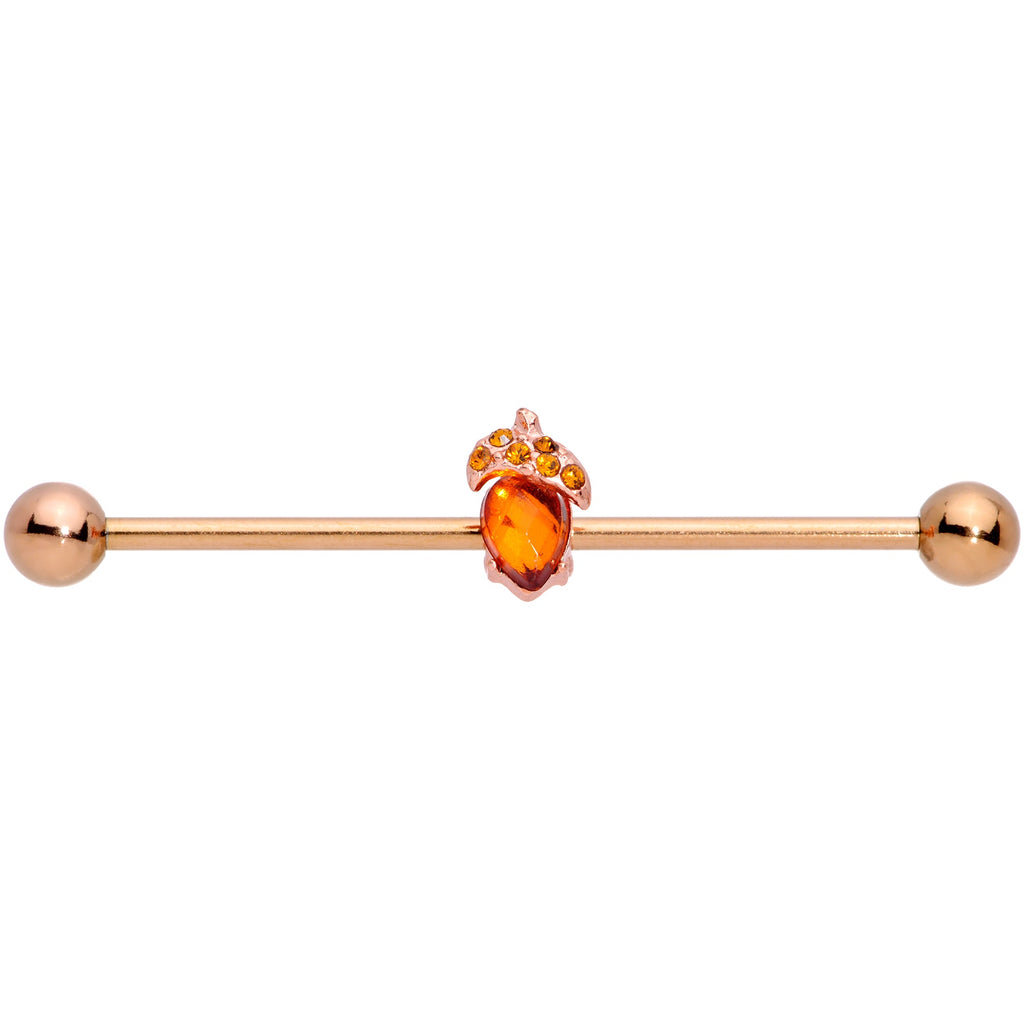 BodyCandy 14G Brown Gem Rose Gold Tone Fall Autumn Acorn Industrial Barbell 38mm — detail close-up