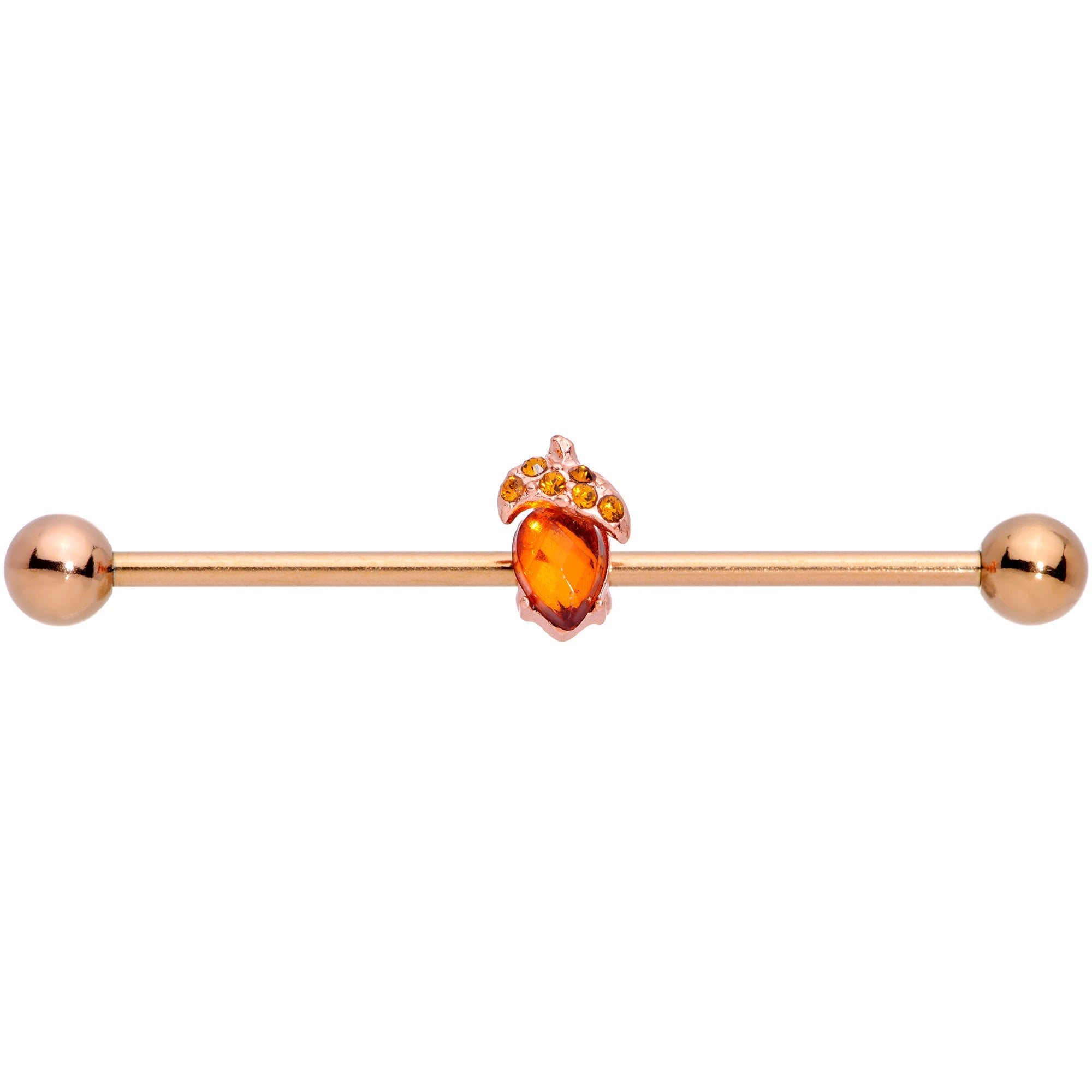 BodyCandy 14G Brown Gem Rose Gold Tone Fall Autumn Acorn Industrial Barbell 38mm — detail close-up