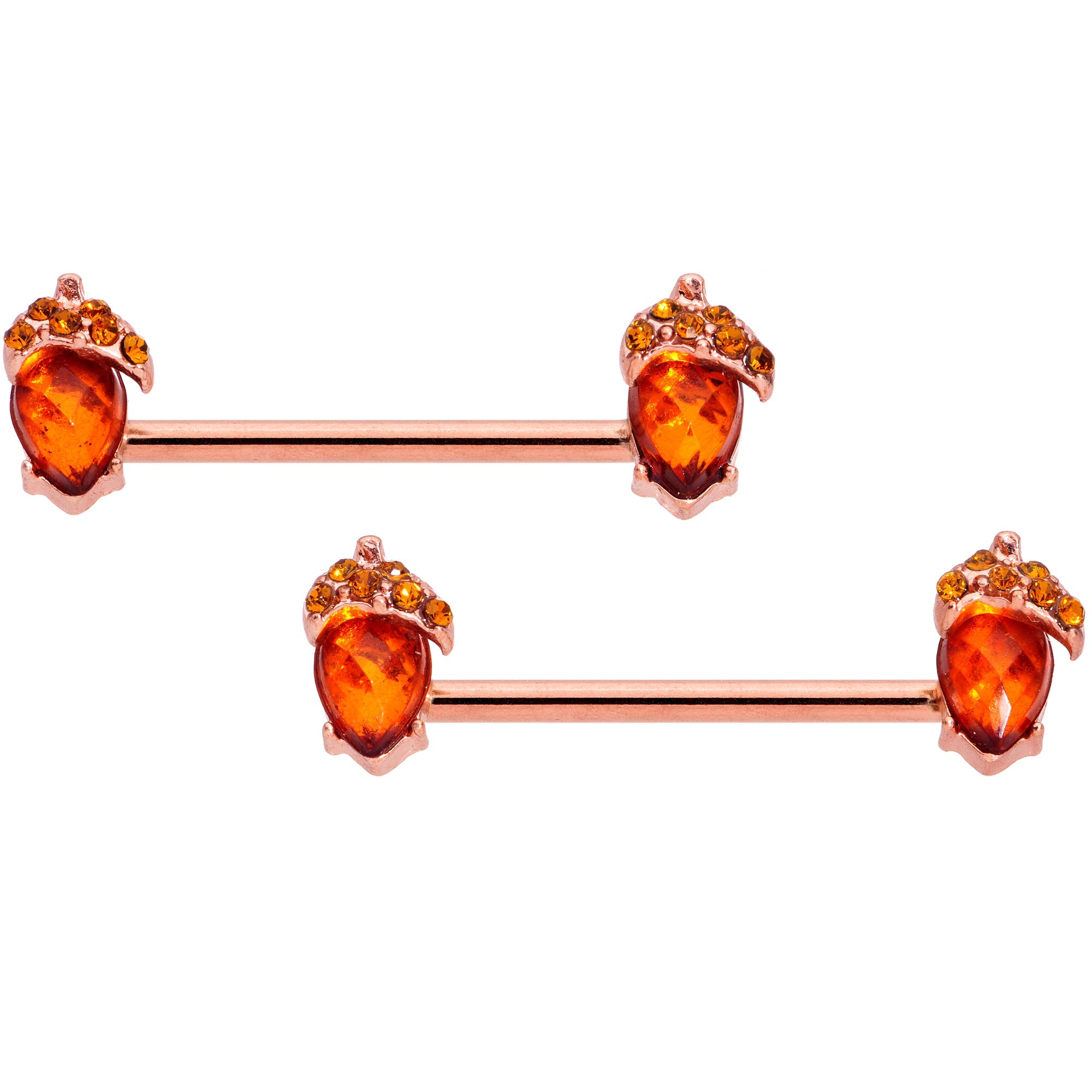 BodyCandy 14G 5/8 Brown Gem Rose Gold Tone Autumn Acorn Nipple Ring Set — main product shot