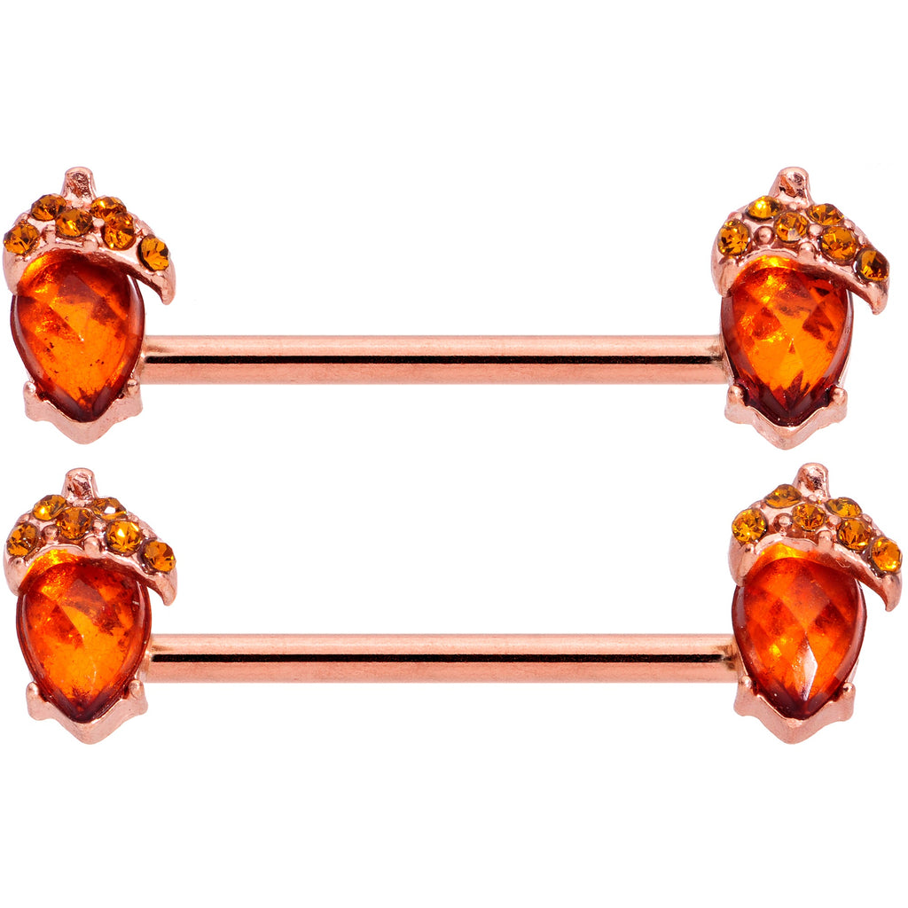 BodyCandy 14G 5/8 Brown Gem Rose Gold Tone Autumn Acorn Nipple Ring Set — lifestyle context