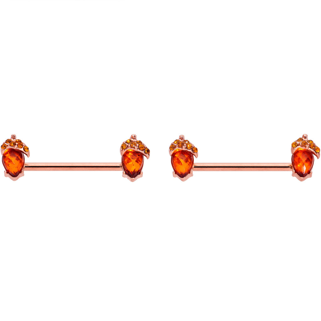 BodyCandy 14G 5/8 Brown Gem Rose Gold Tone Autumn Acorn Nipple Ring Set — side view