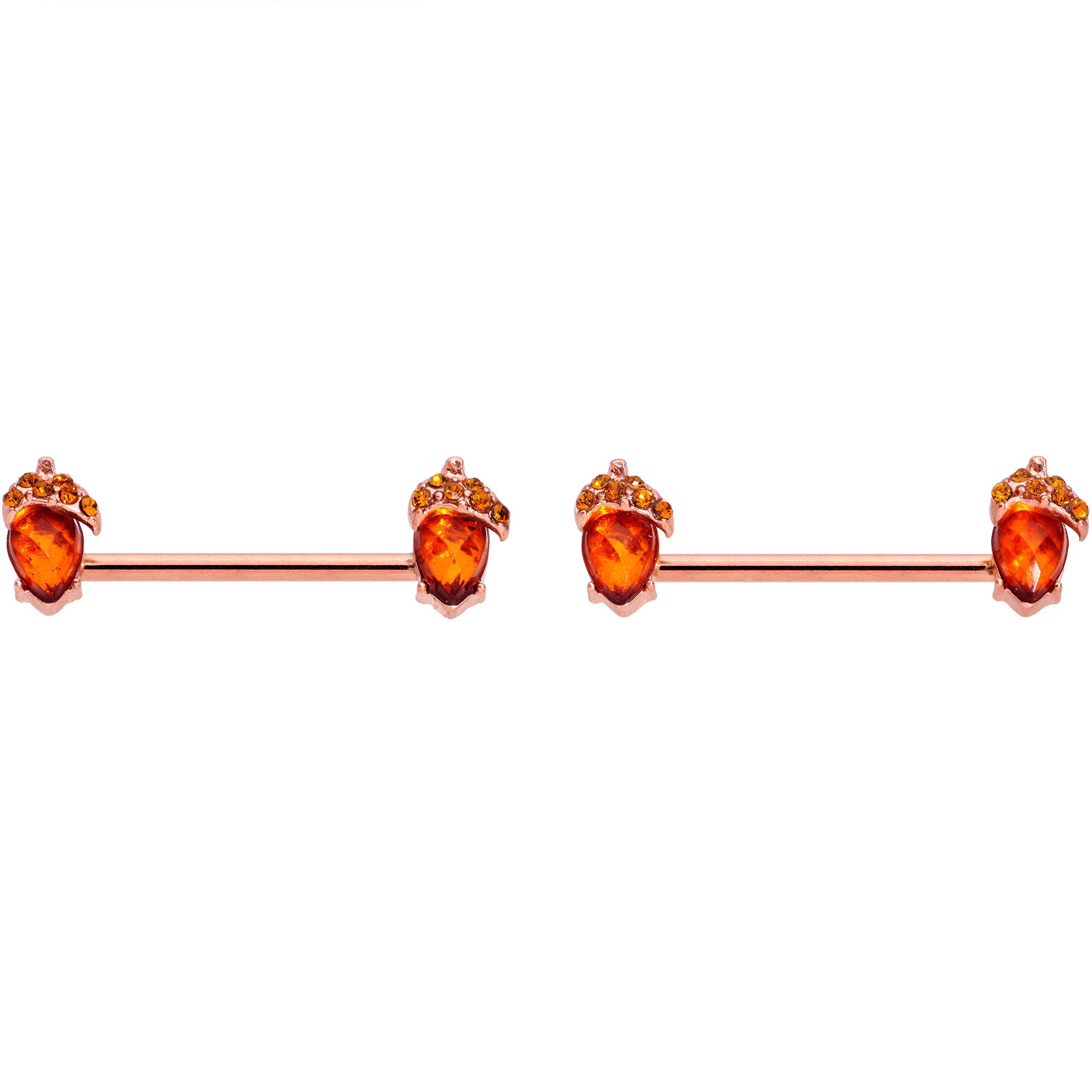 BodyCandy 14G 5/8 Brown Gem Rose Gold Tone Autumn Acorn Nipple Ring Set — side view