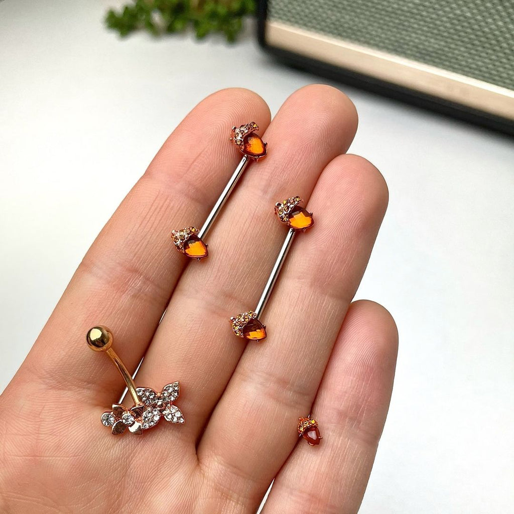 BodyCandy 16G 5/16 Rose Gold Hue Brown Gem Fall Acorn Labret Monroe Tragus — detail close-up