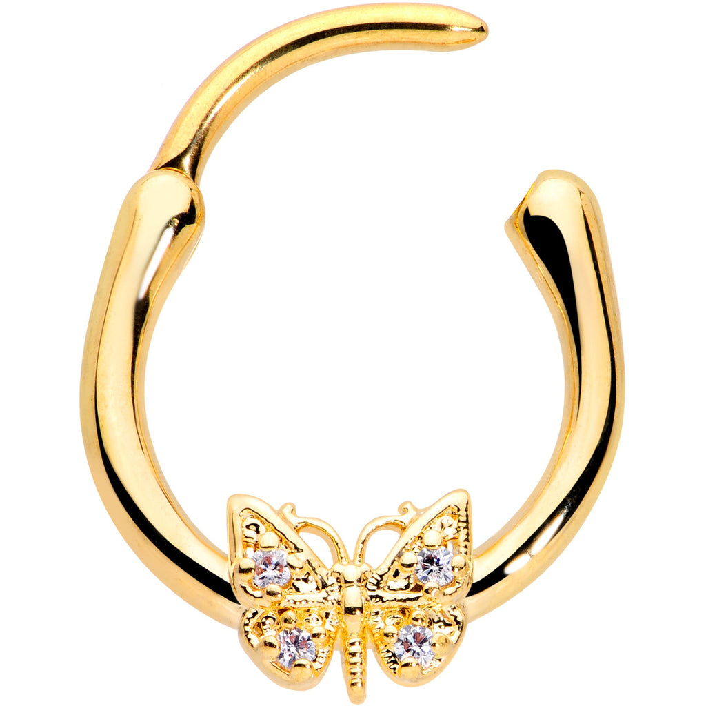 BodyCandy 16G 3/8 Clear Gem Gold Tone Butterfly Cartilage Clicker — detail close-up