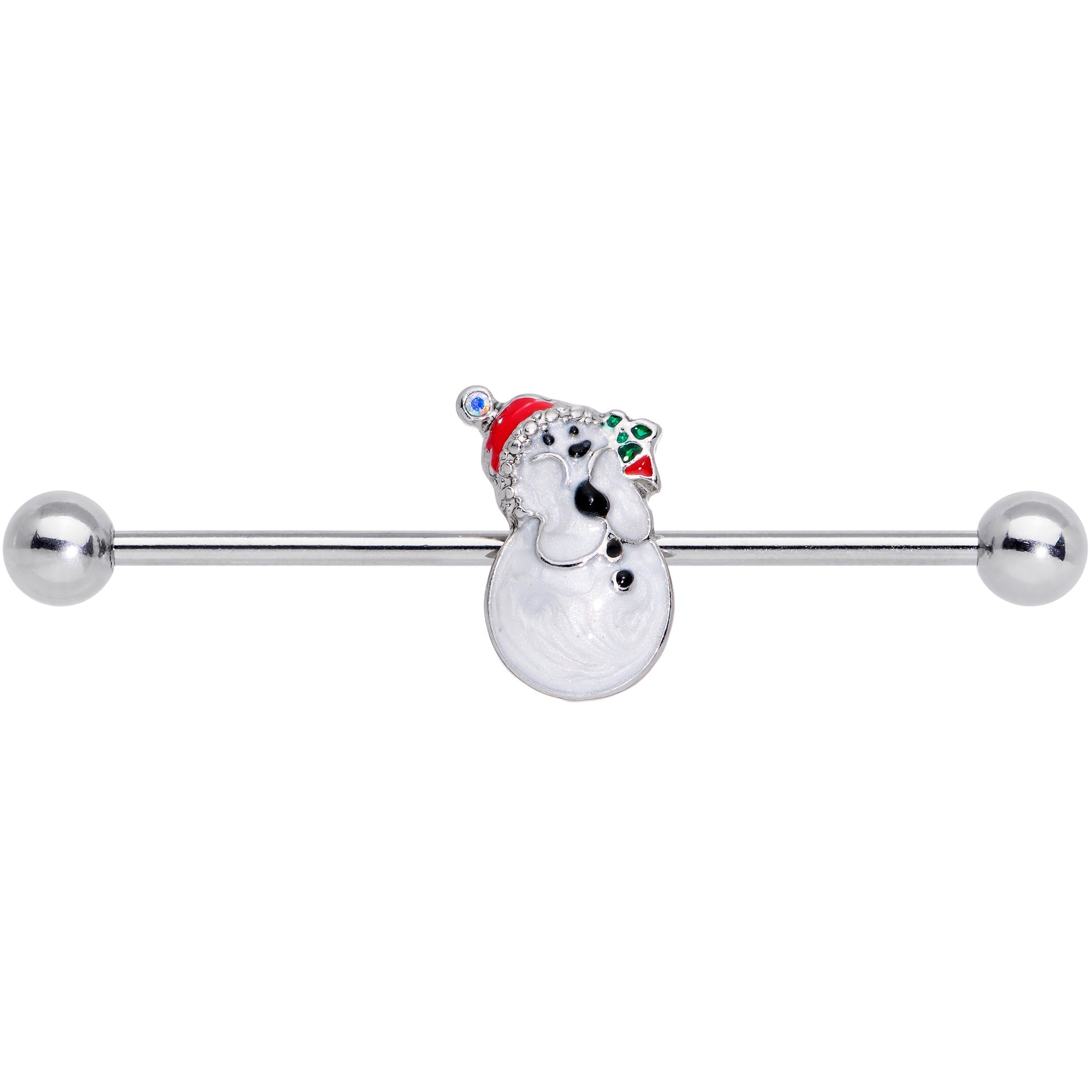BodyCandy 14G Aurora Green Gem Snowman Christmas Industrial Barbell 38mm — detail close-up