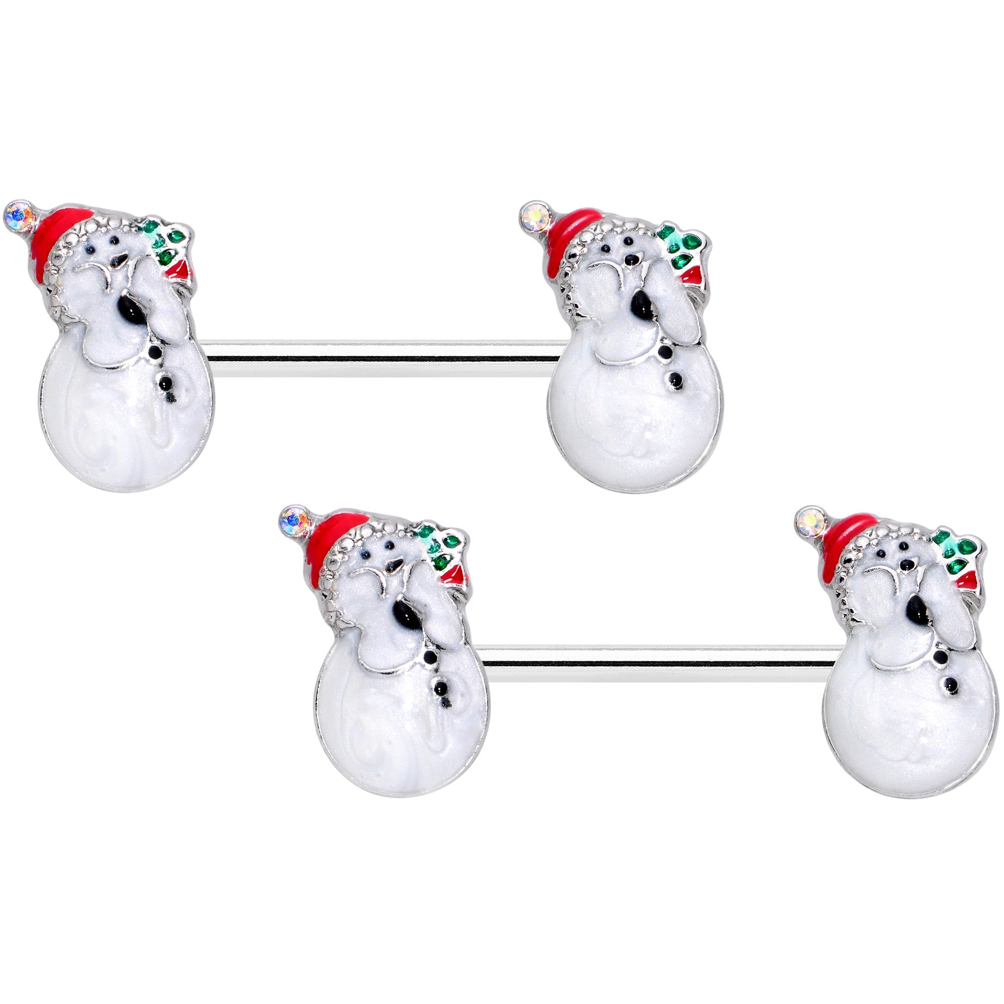 BodyCandy 14G 9/16 Clear Gem Snowman Christmas Barbell Nipple Ring Set — main product shot