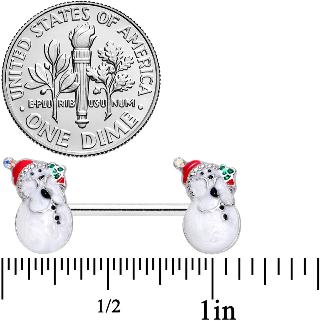 BodyCandy 14G 9/16 Clear Gem Snowman Christmas Barbell Nipple Ring Set — detail close-up