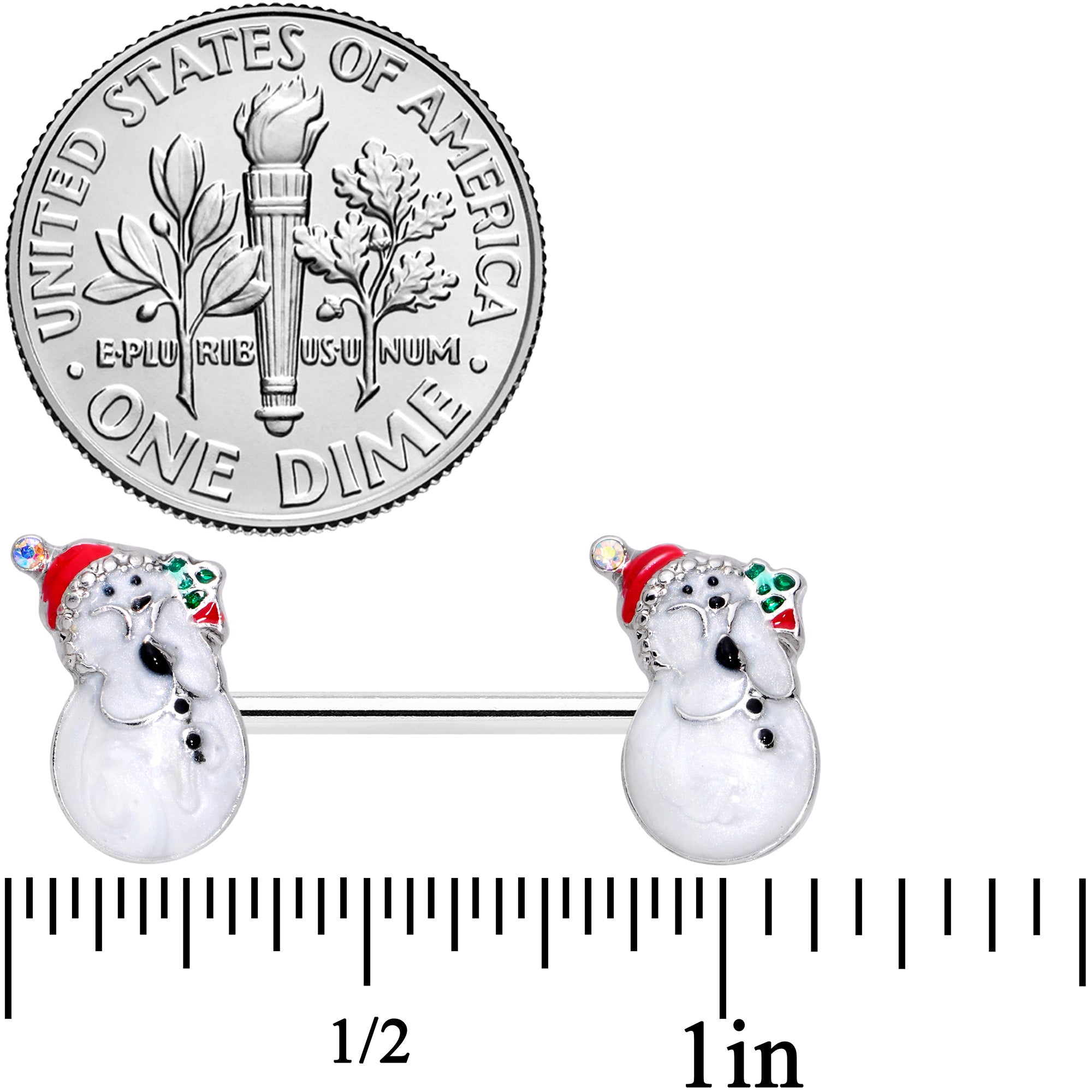 BodyCandy 14G 9/16 Clear Gem Snowman Christmas Barbell Nipple Ring Set — detail close-up