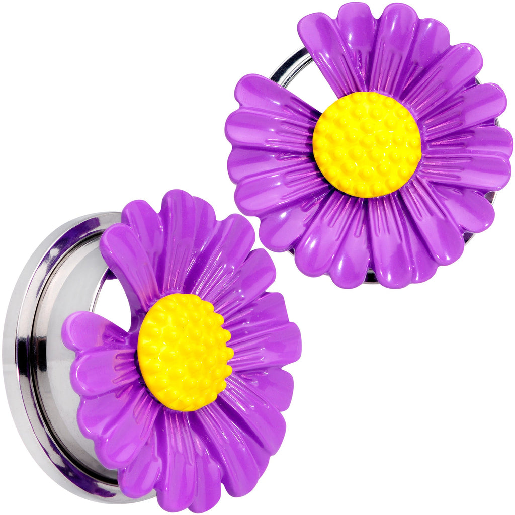 BodyCandy Purple Daisy Flower Screw Fit Plug Set — flat-lay composition