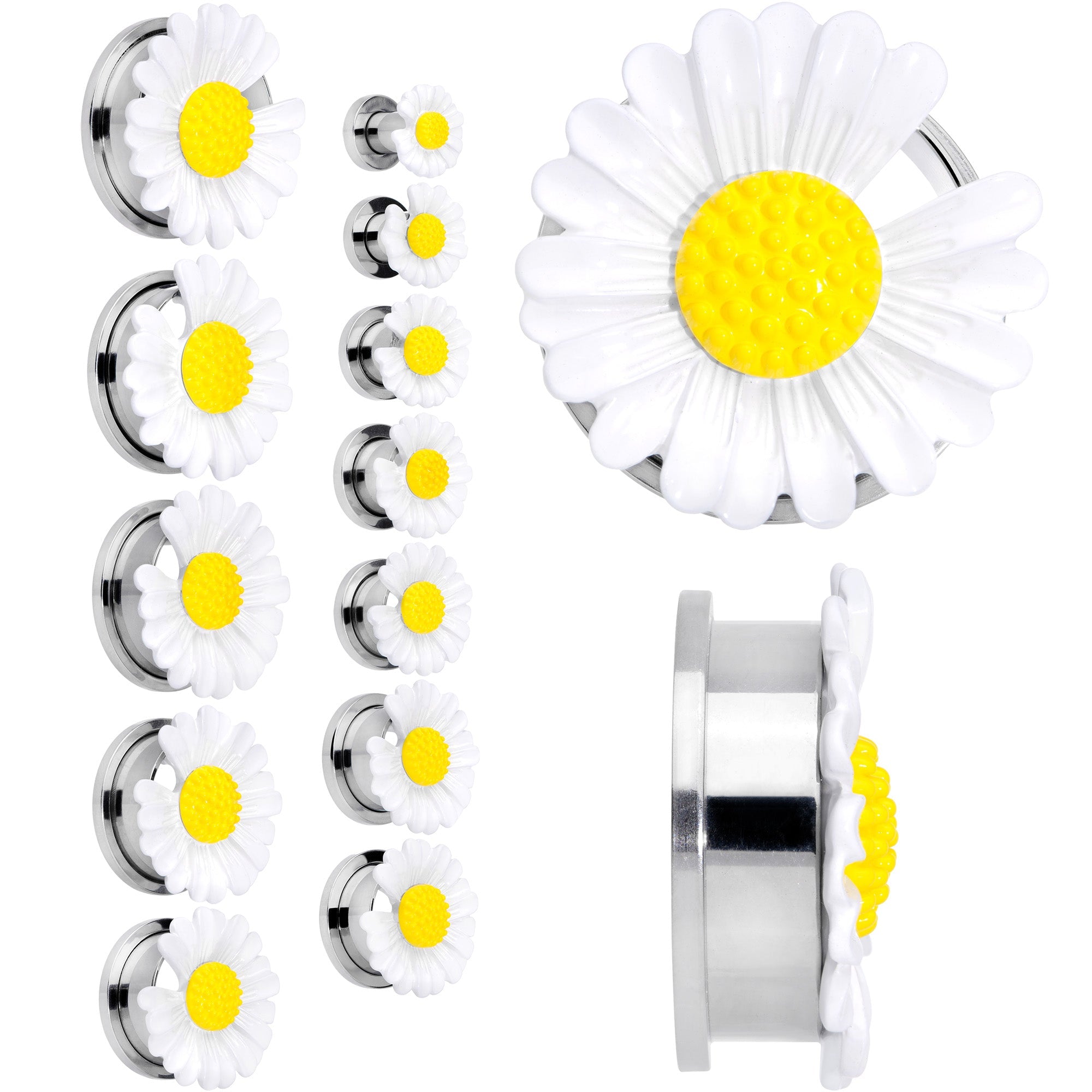 BodyCandy White Daisy Flower Screw Fit Plug Set — main product shot