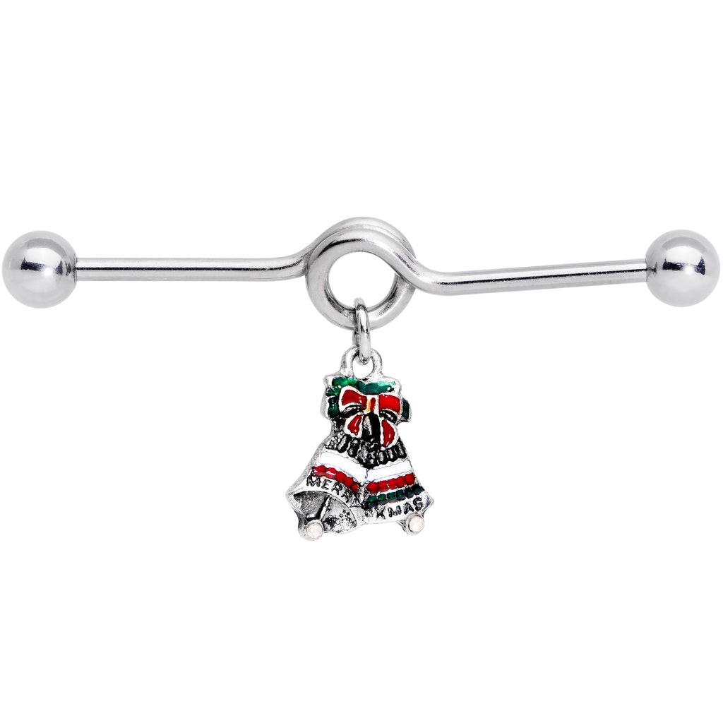BodyCandy 14G Red White Green Bell Christmas Dangle Project Barbell 38mm — detail close-up
