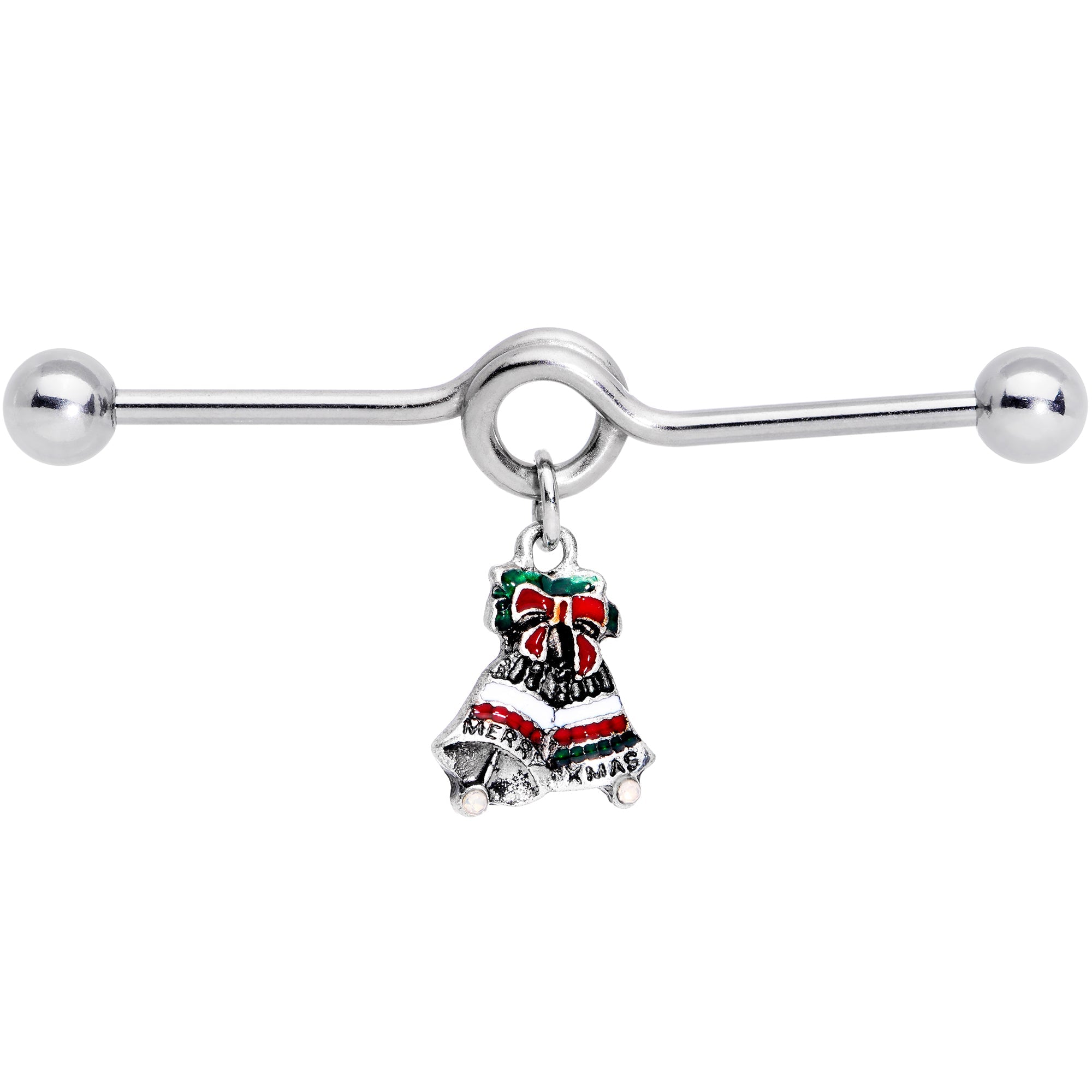 BodyCandy 14G Red White Green Bell Christmas Dangle Project Barbell 38mm — detail close-up