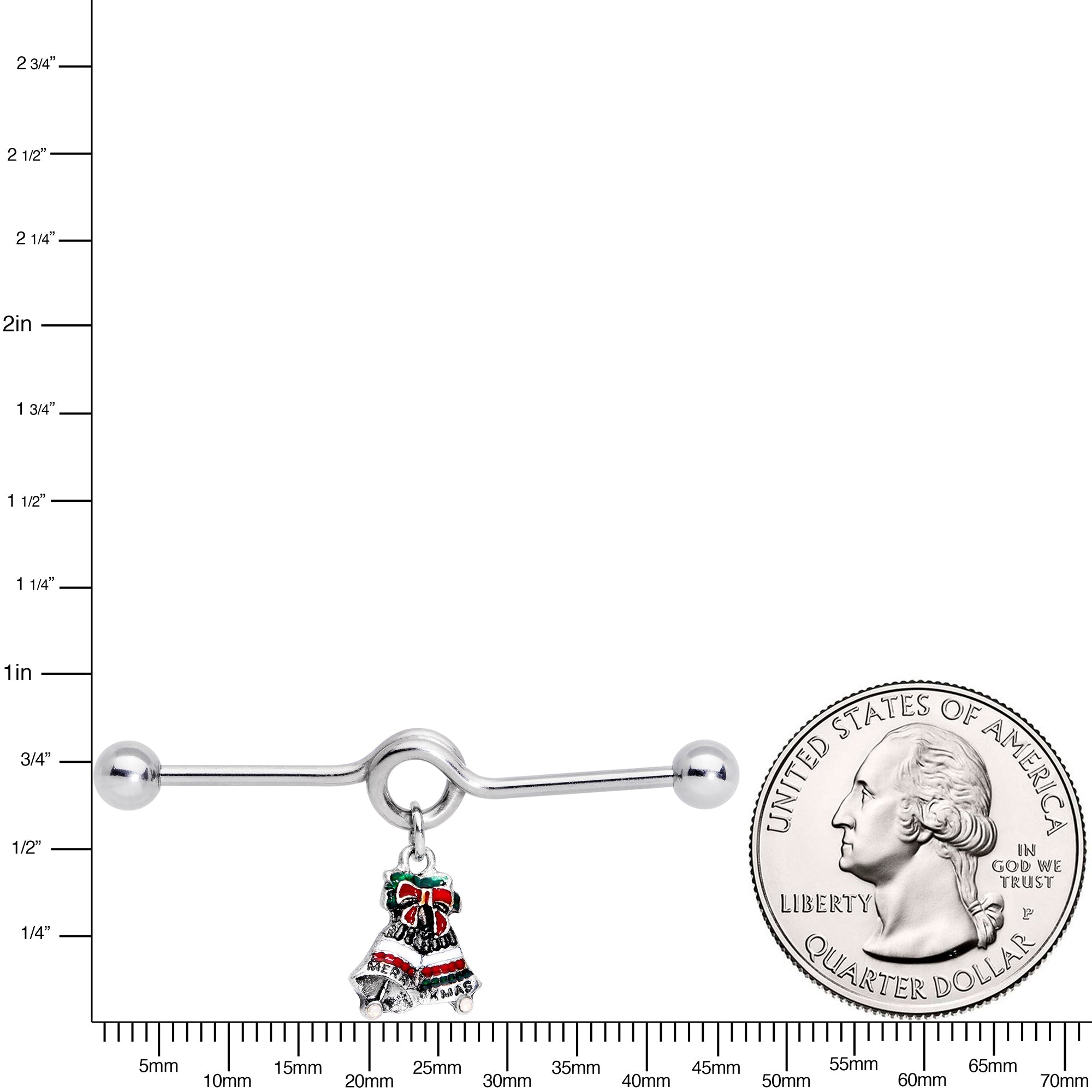 BodyCandy 14G Red White Green Bell Christmas Dangle Project Barbell 38mm — lifestyle context