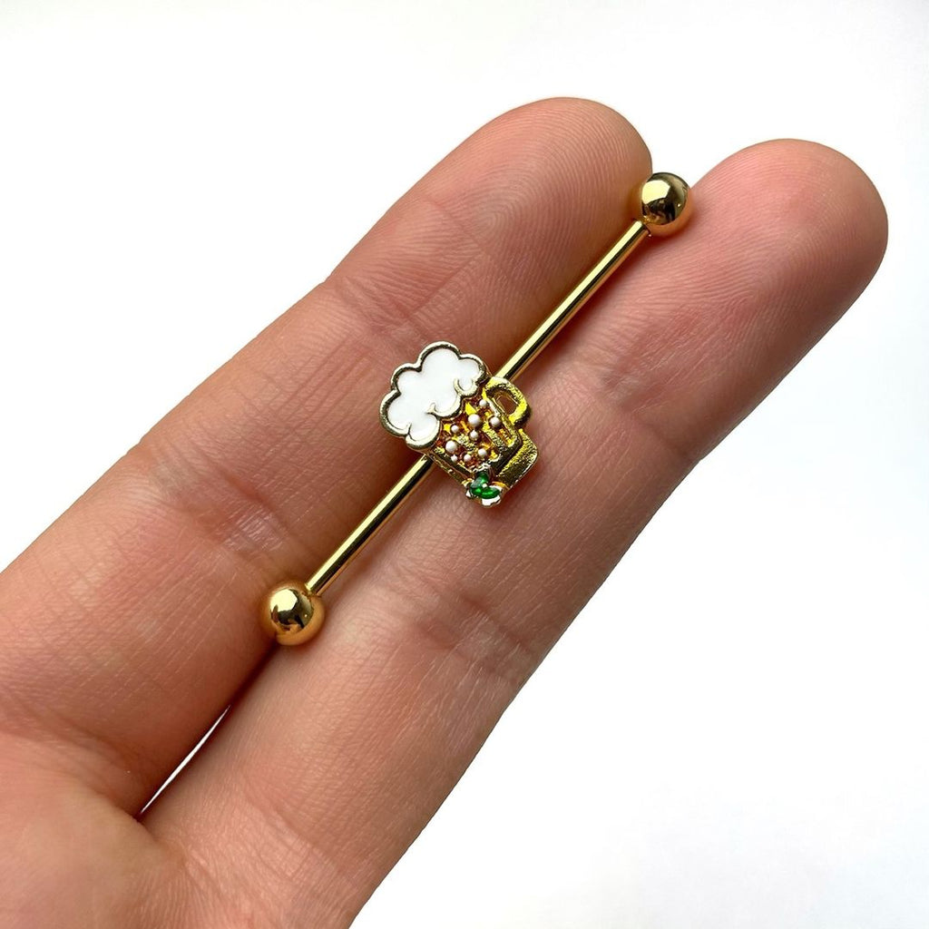 BodyCandy 14G Gold Tone St Patricks Day Beer Mug Industrial Barbell 38mm — detail close-up