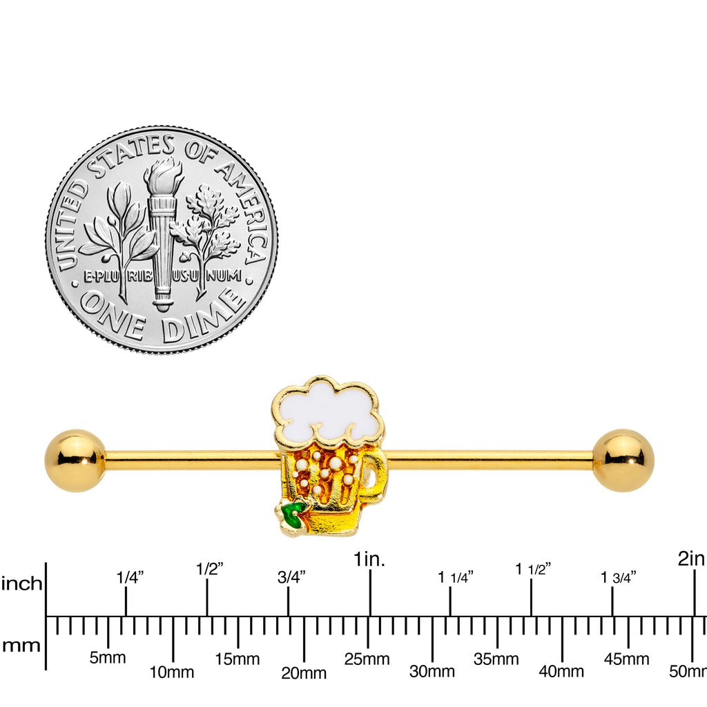 BodyCandy 14G Gold Tone St Patricks Day Beer Mug Industrial Barbell 38mm — side view