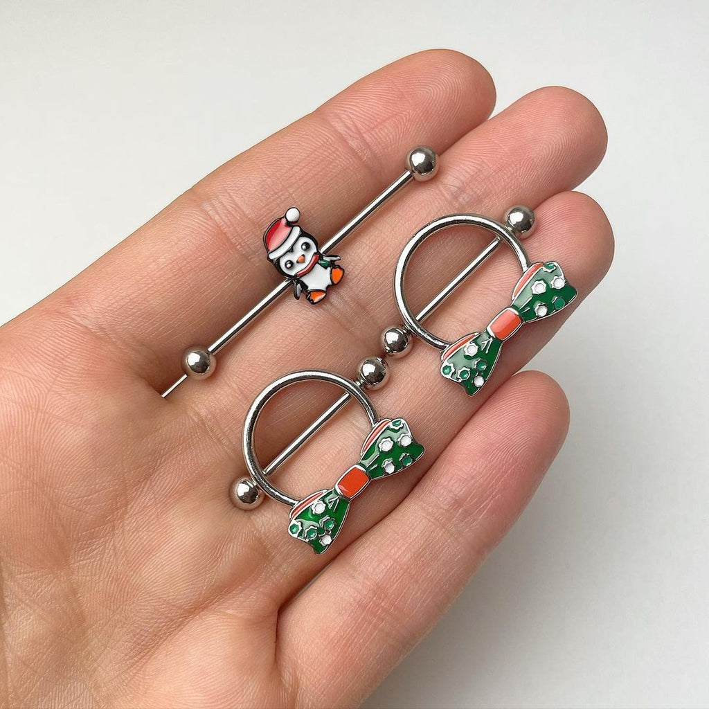 BodyCandy 14G Santa Penguin Christmas Industrial Barbell 38mm — detail close-up