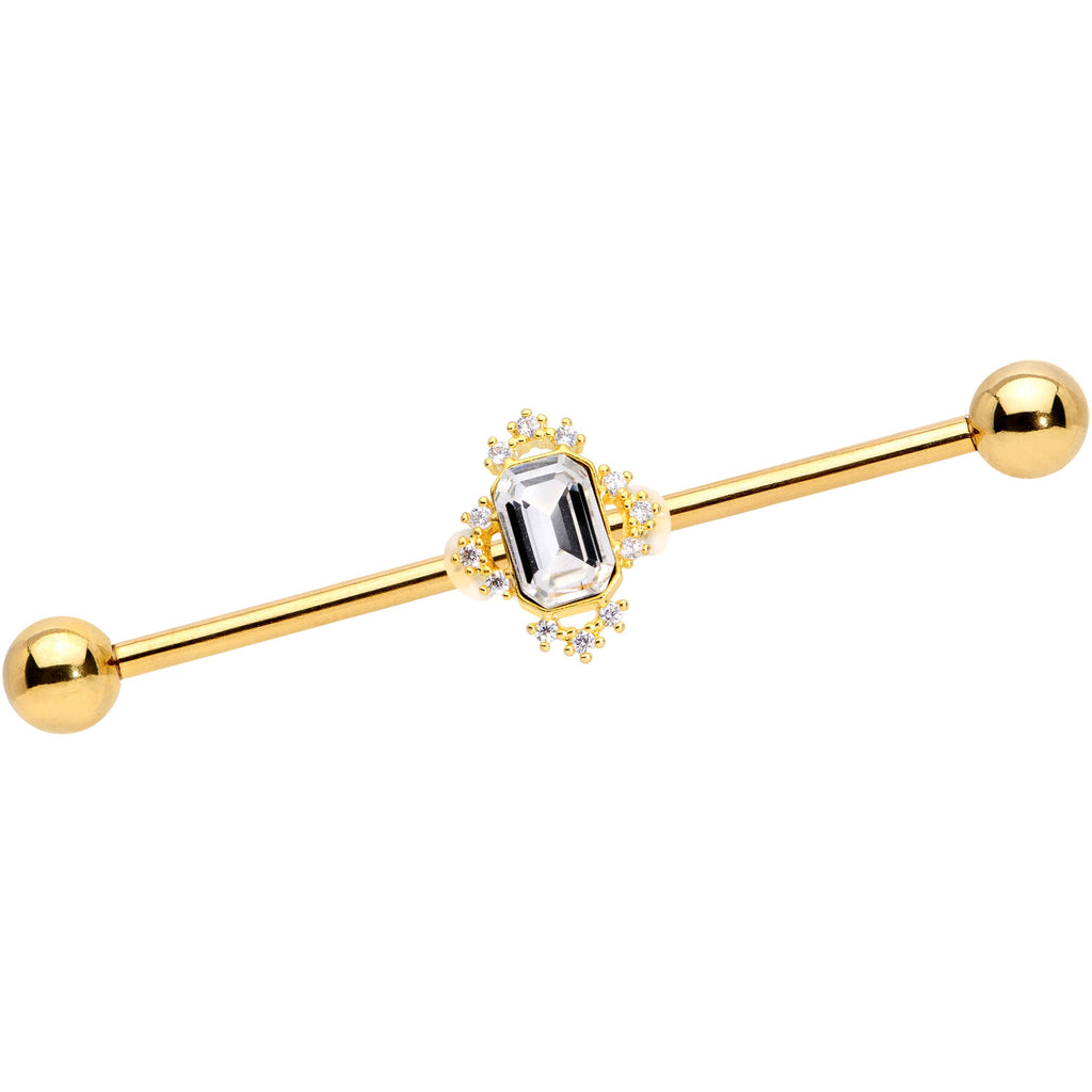 BodyCandy 14G Clear Gem Gold Tone Regal Rectangle Industrial Barbell 38mm — main product shot