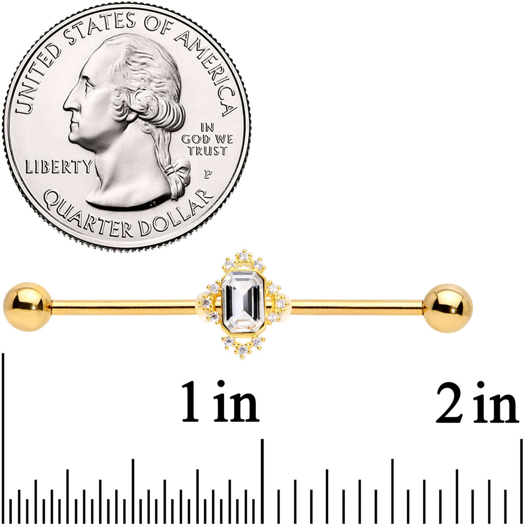 BodyCandy 14G Clear Gem Gold Tone Regal Rectangle Industrial Barbell 38mm — detail close-up