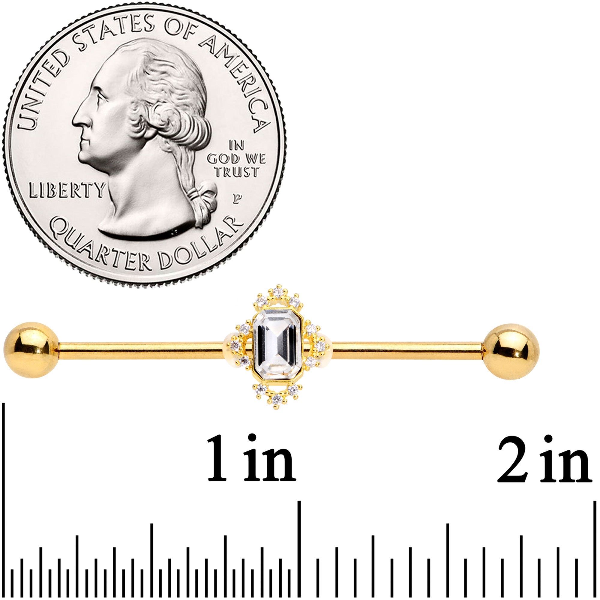 BodyCandy 14G Clear Gem Gold Tone Regal Rectangle Industrial Barbell 38mm — detail close-up