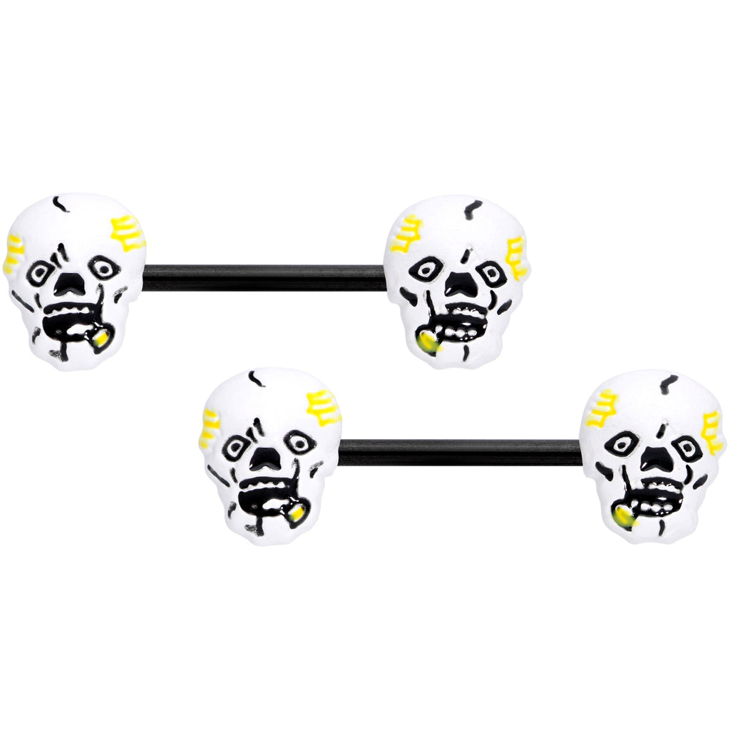 BodyCandy 14G 9/16 Black White Skull Halloween Barbell Nipple Ring Set — main product shot