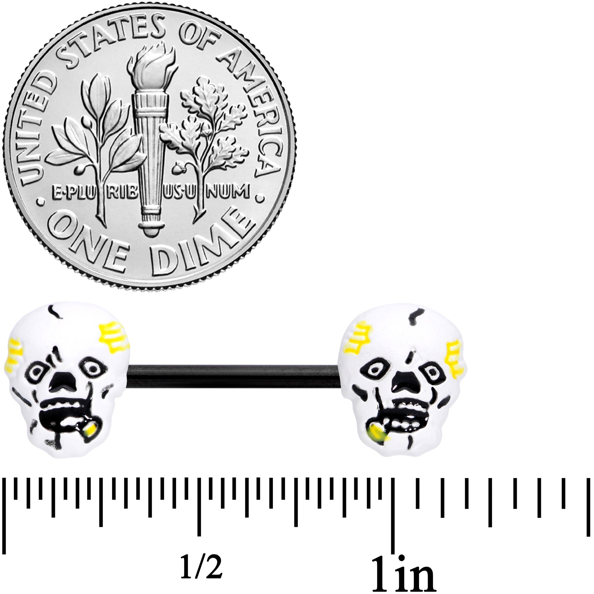 BodyCandy 14G 9/16 Black White Skull Halloween Barbell Nipple Ring Set — detail close-up
