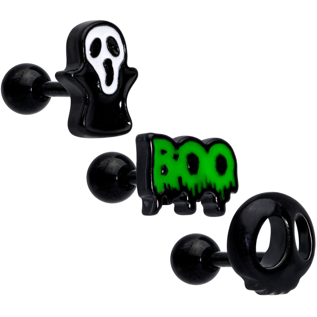 BodyCandy 16G 1/4 Black Ghost Boo Halloween Cartilage Tragus Curation Set of 3 — main product shot
