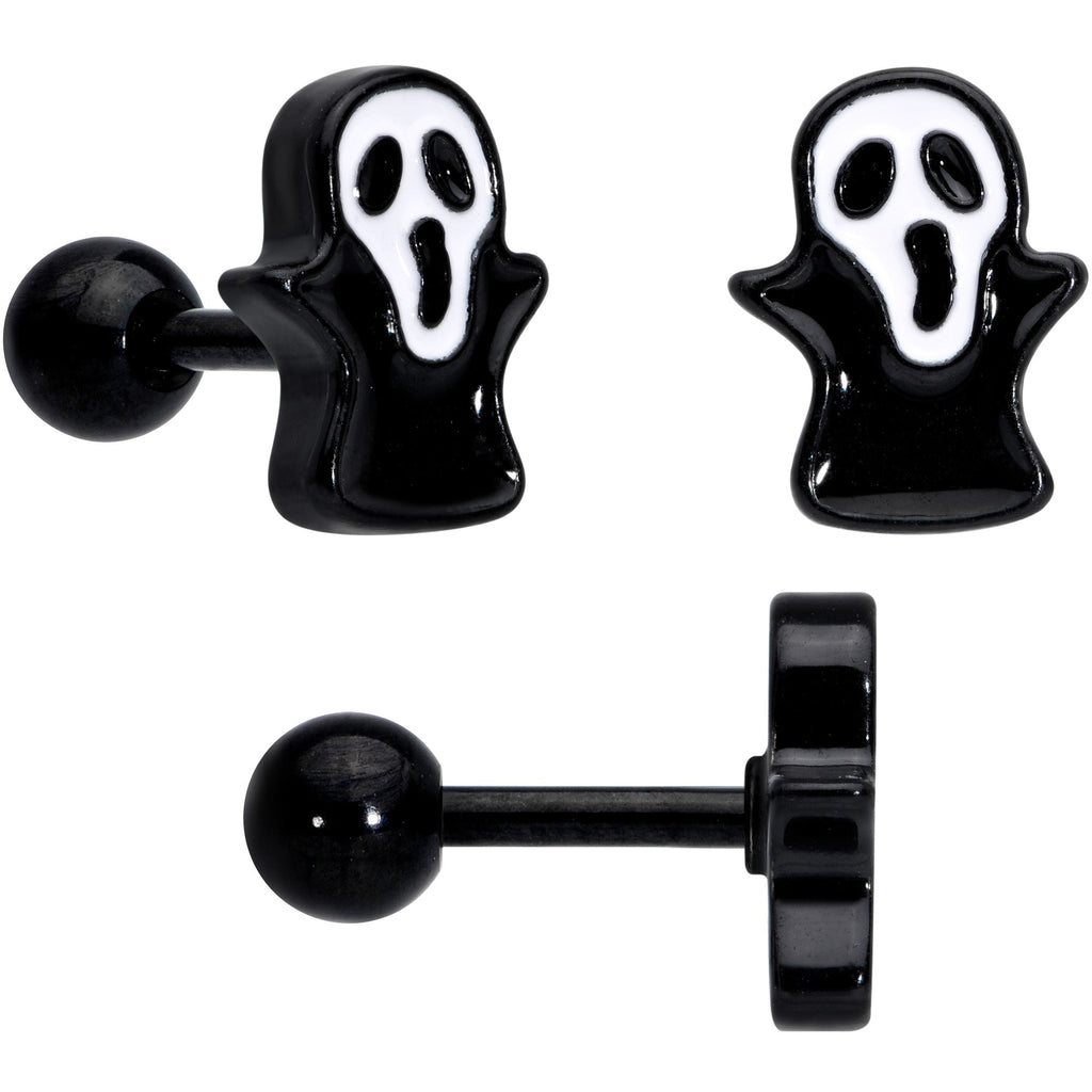BodyCandy 16G 1/4 Black Ghost Boo Halloween Cartilage Tragus Curation Set of 3 — detail close-up