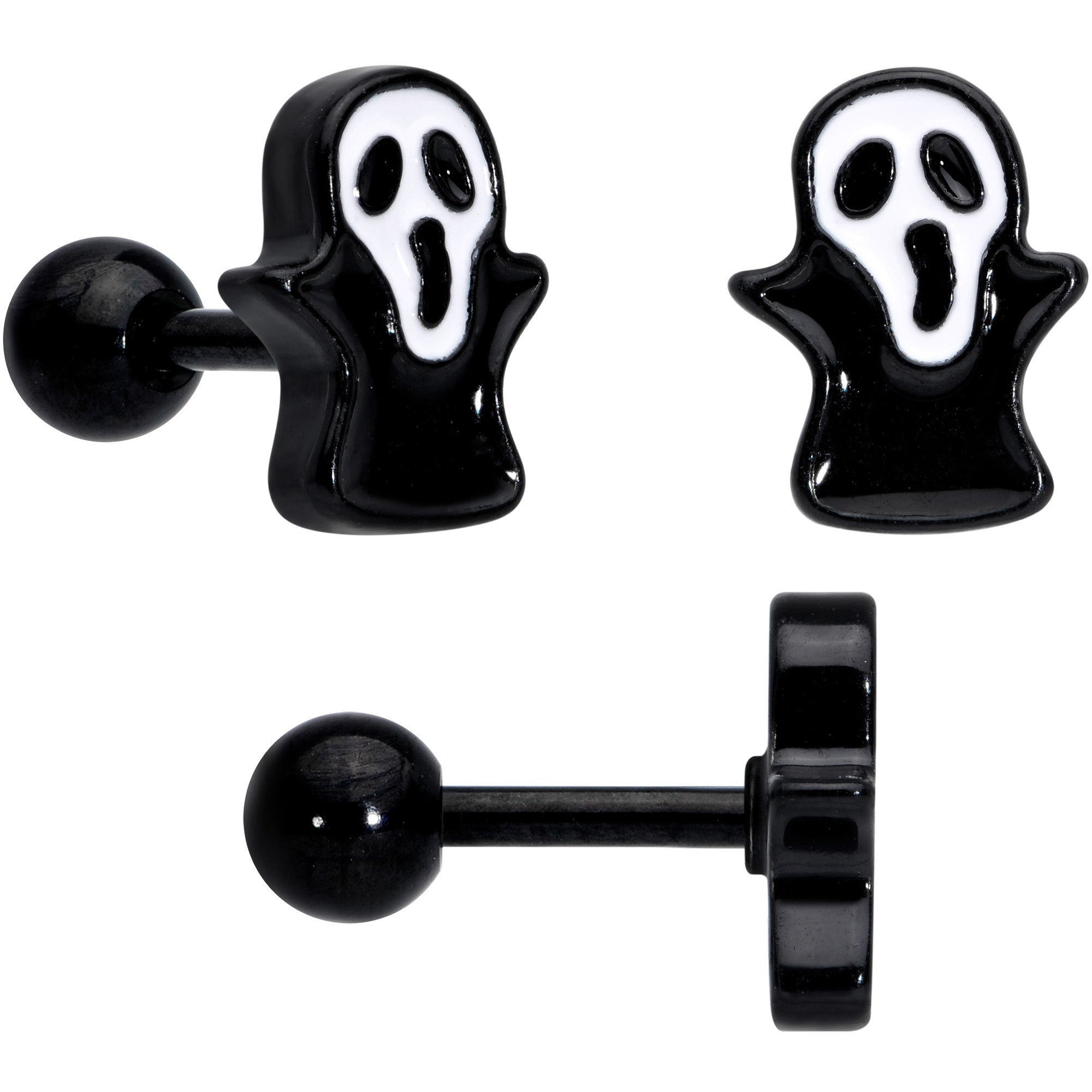BodyCandy 16G 1/4 Black Ghost Boo Halloween Cartilage Tragus Curation Set of 3 — detail close-up