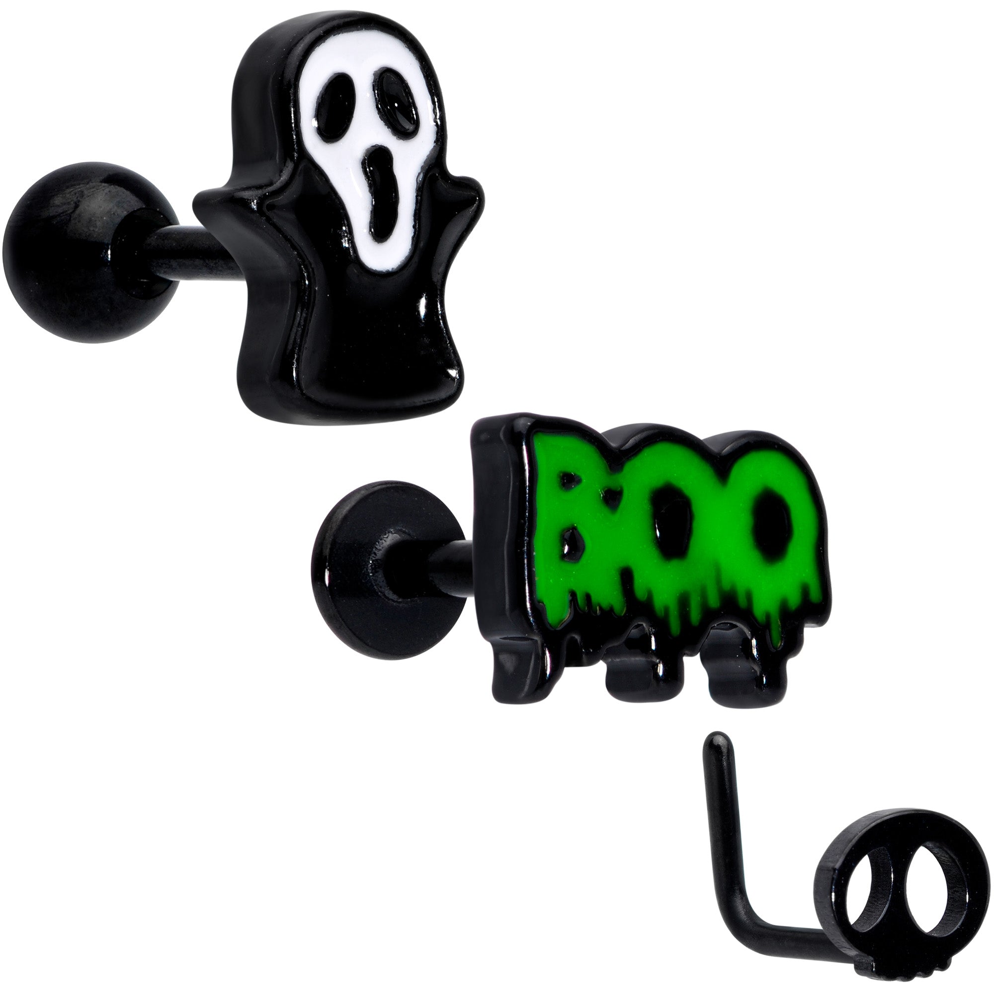 BodyCandy 16G 20G Black Halloween Cartilage Labret Nose Ring Set of 3 — main product shot