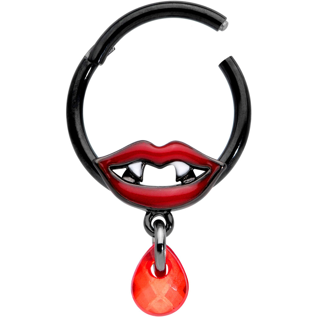 BodyCandy 16G 3/8 Red Gem Black Vampire Fang Halloween Hinged Segment Ring — detail close-up
