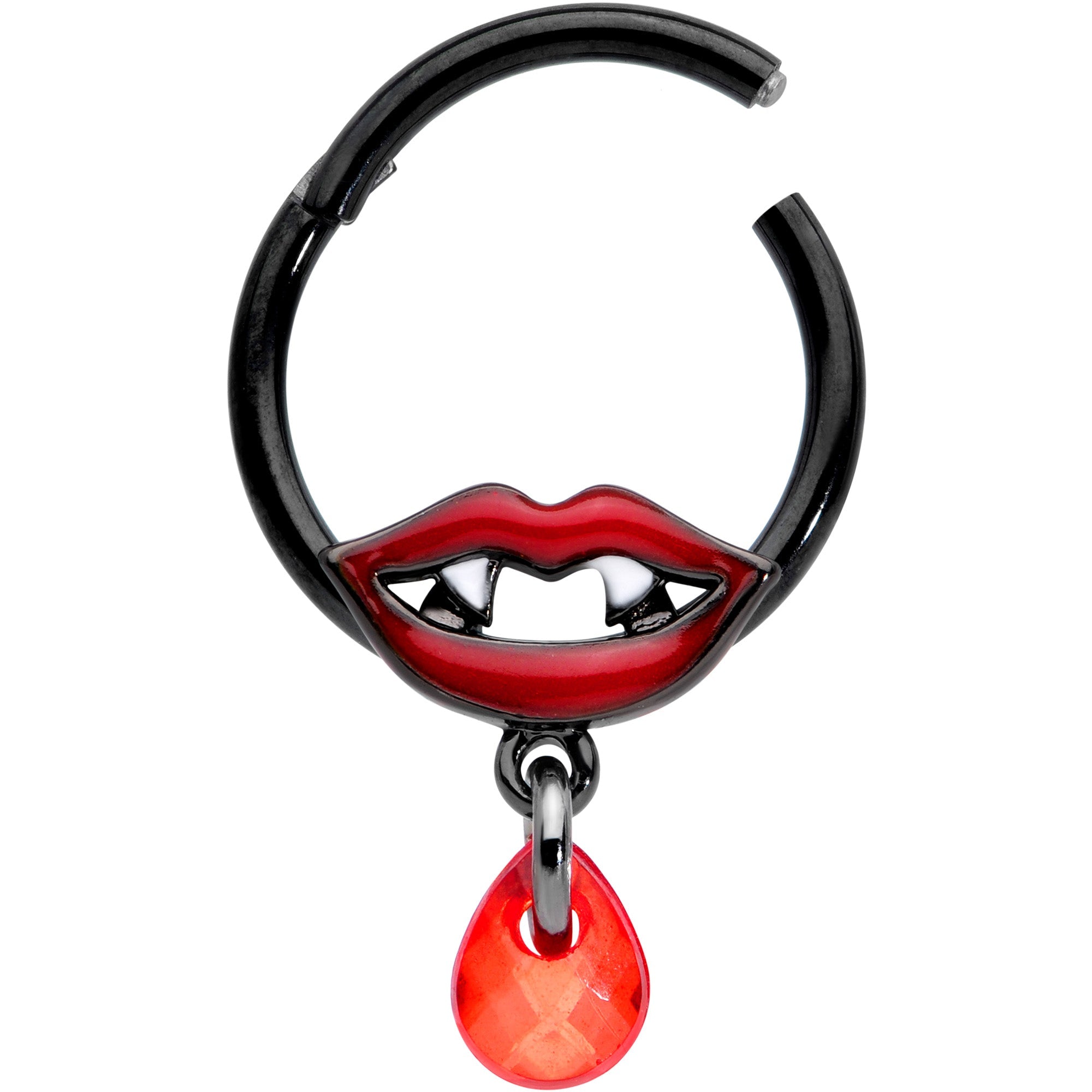 BodyCandy 16G 3/8 Red Gem Black Vampire Fang Halloween Hinged Segment Ring — detail close-up