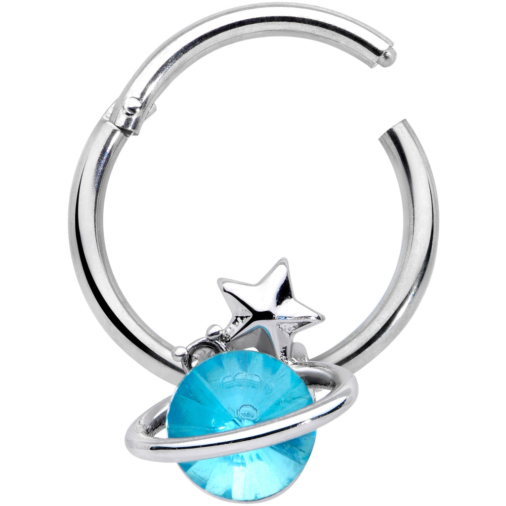 BodyCandy 16G 3/8 Aqua Gem Star Saturn Planet Hinged Segment Ring — detail close-up