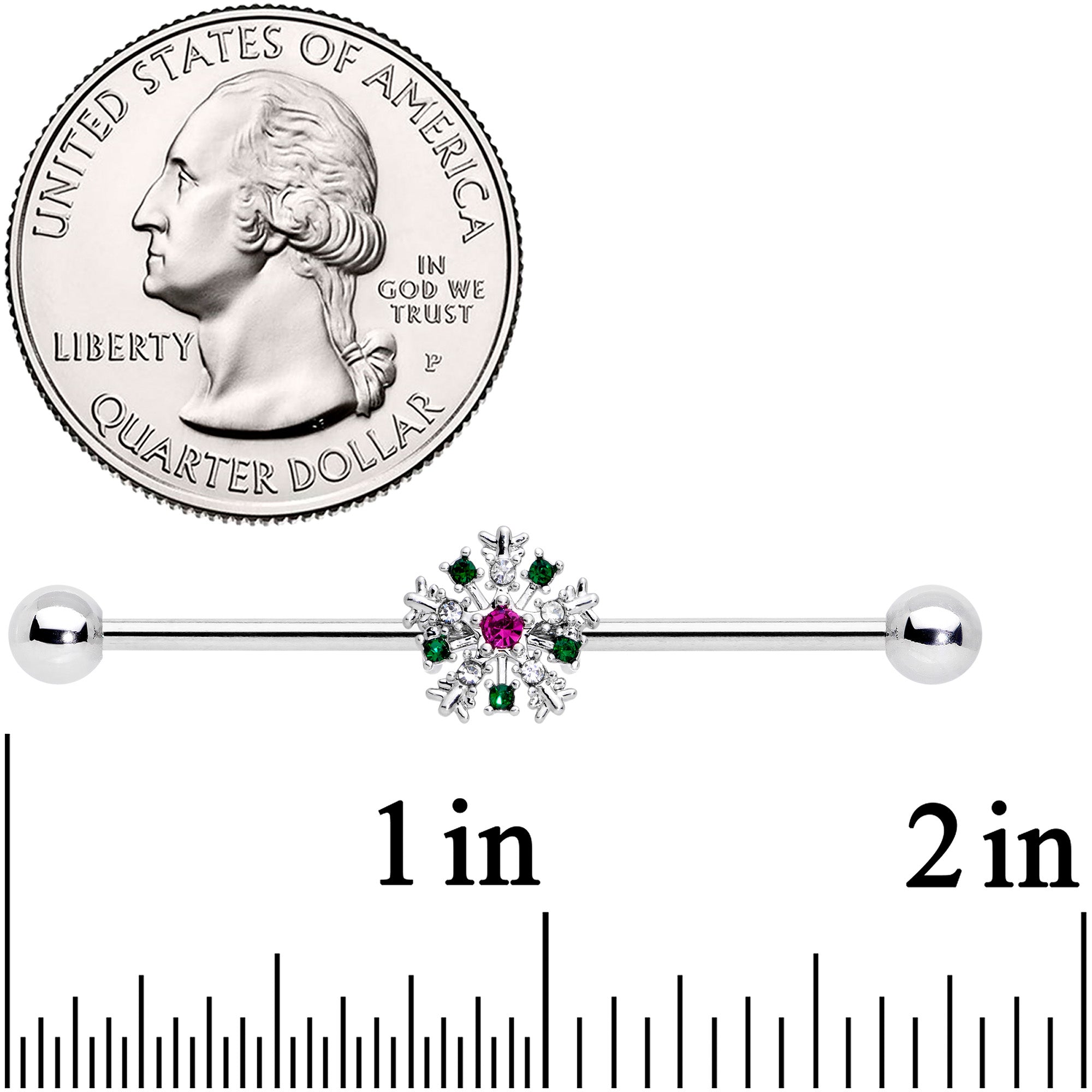 BodyCandy 14G Clear Red Gem Christmas Industrial Barbell 38mm — detail close-up