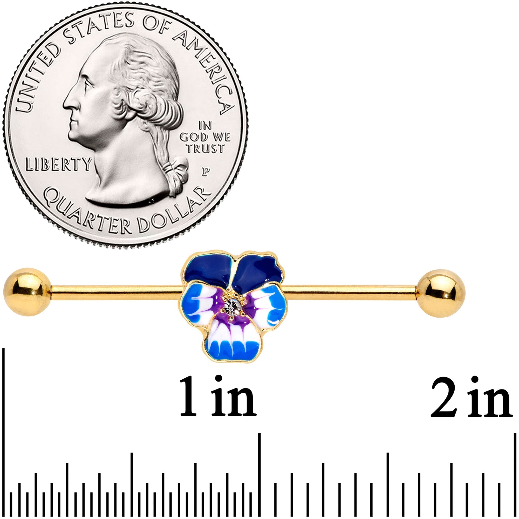 BodyCandy 14G Clear Gem Gold Hue Blue Spring Flower Industrial Barbell 38mm — detail close-up