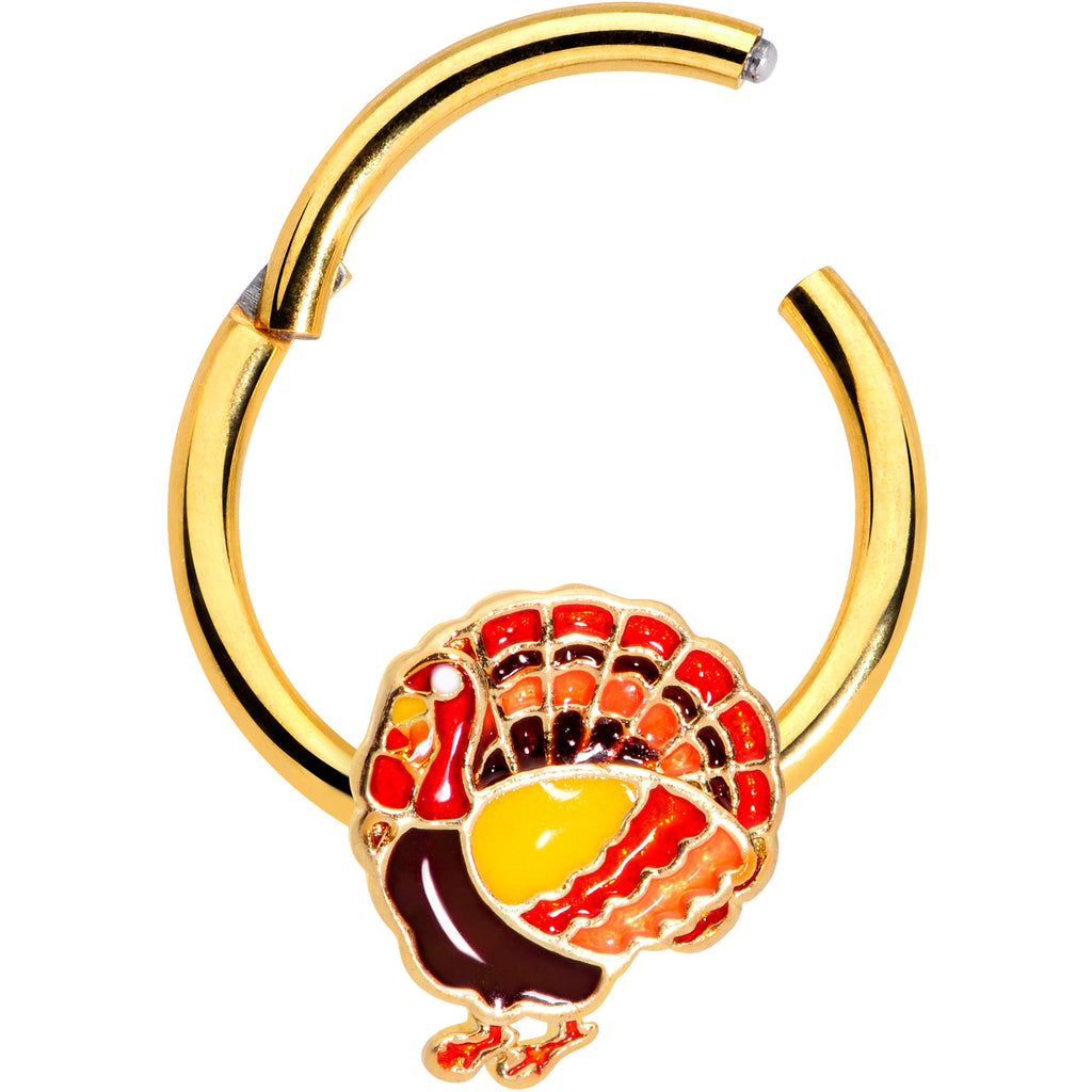 BodyCandy 16G 3/8 Gold Tone Turkey Thanksgiving Hinged Segment Ring — detail close-up