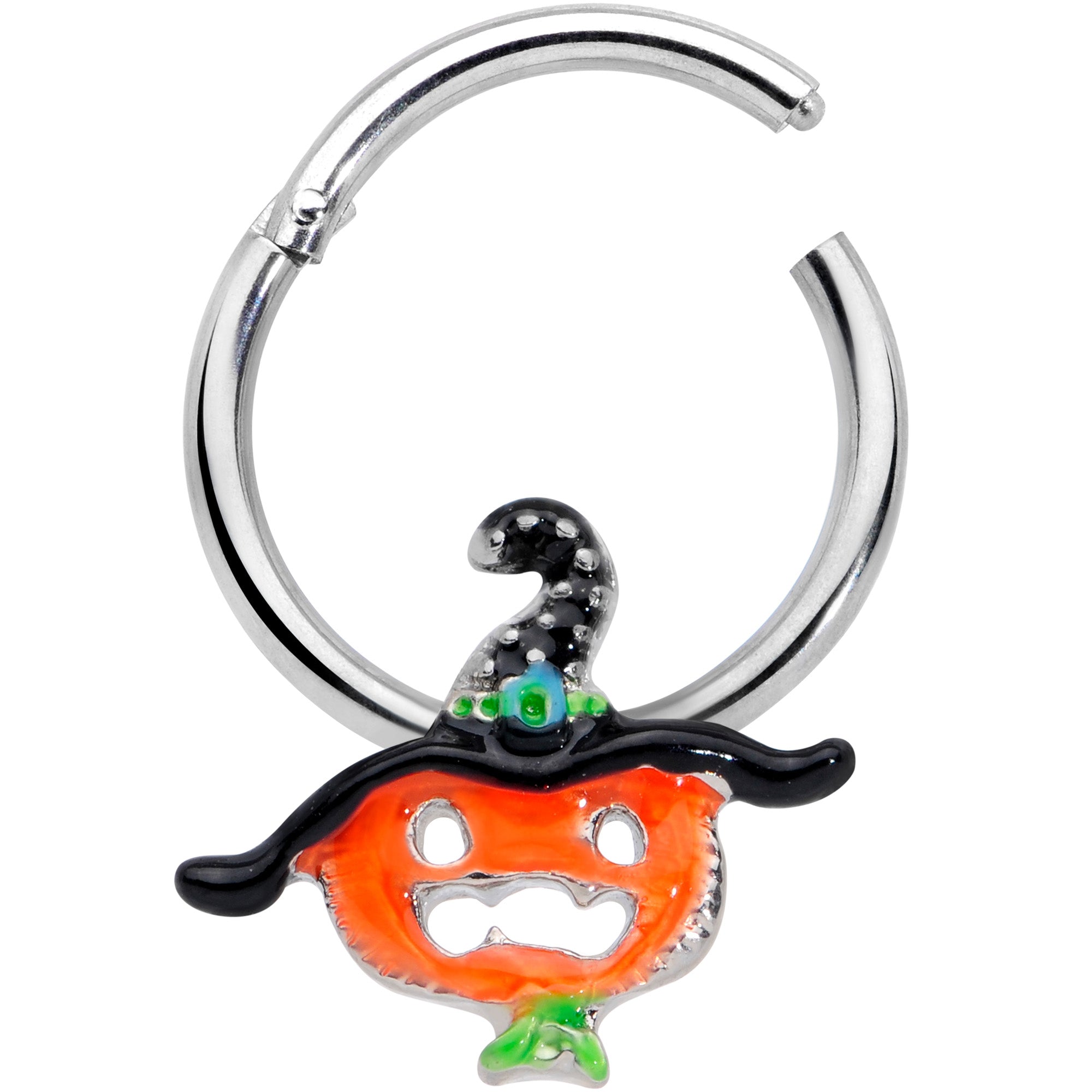 BodyCandy 16G 3/8 Pumpkin Witch Halloween Hinged Segment Ring — detail close-up