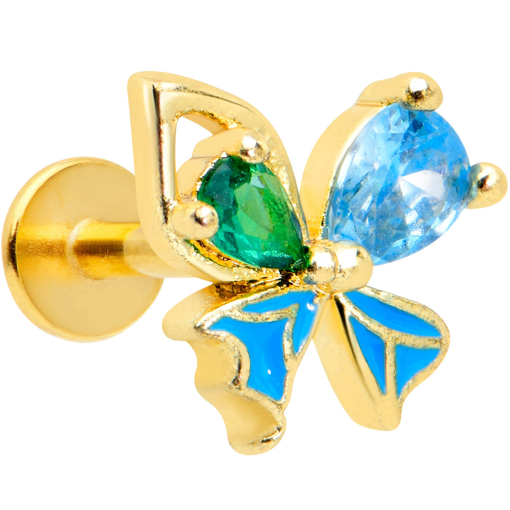 BodyCandy 16G 1/4 Blue Green Gem Gold Tone Sweet Butterfly Labret Tragus — main product shot