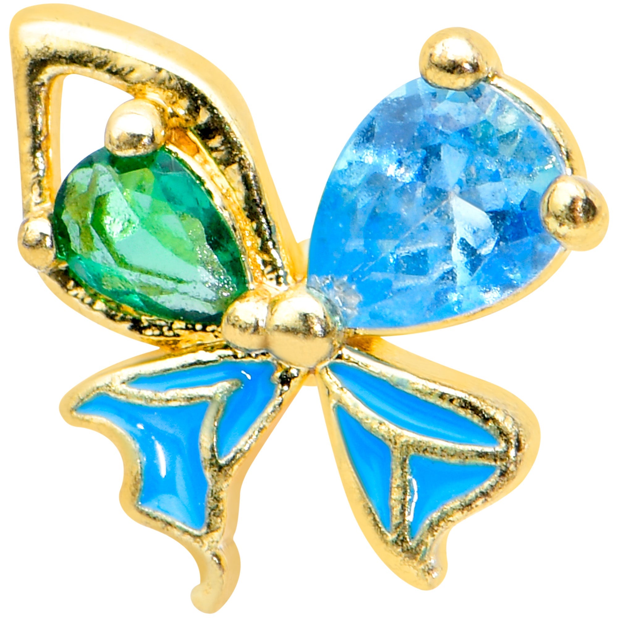 BodyCandy 16G 1/4 Blue Green Gem Gold Tone Sweet Butterfly Labret Tragus — detail close-up