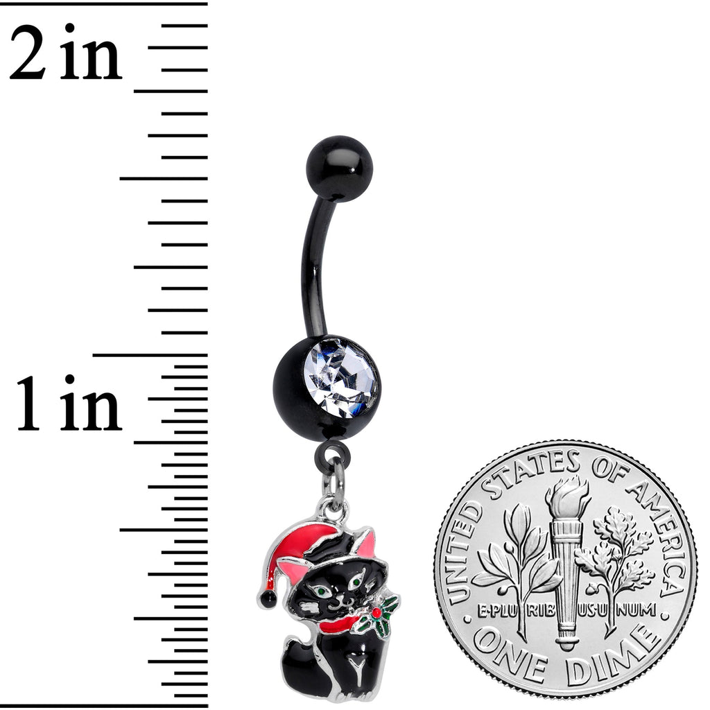BodyCandy Black Santa Claus Black Cat Christmas Dangle Belly Ring — detail close-up