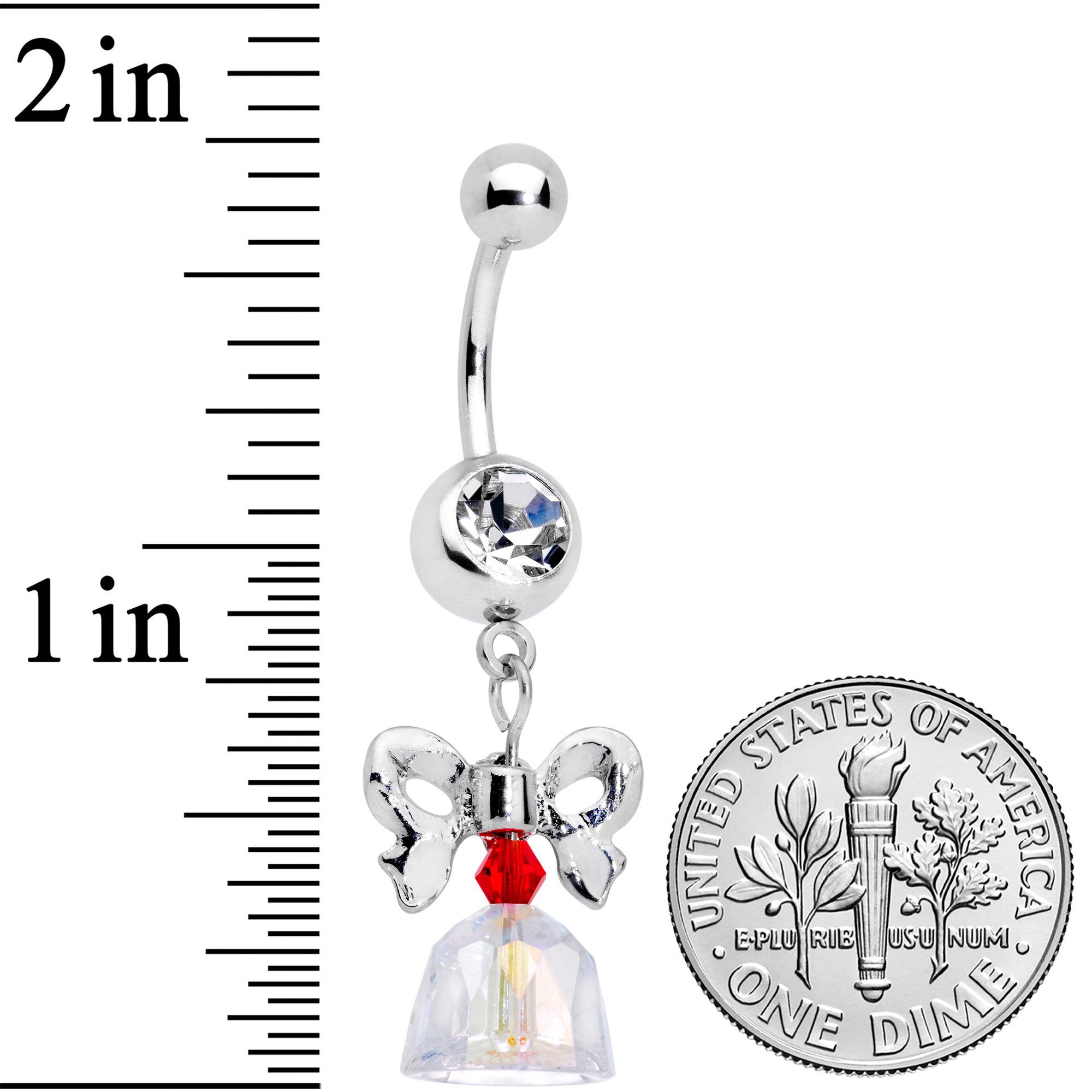 BodyCandy Clear Red Gem Holiday Bow Bell Christmas Dangle Belly Ring — detail close-up