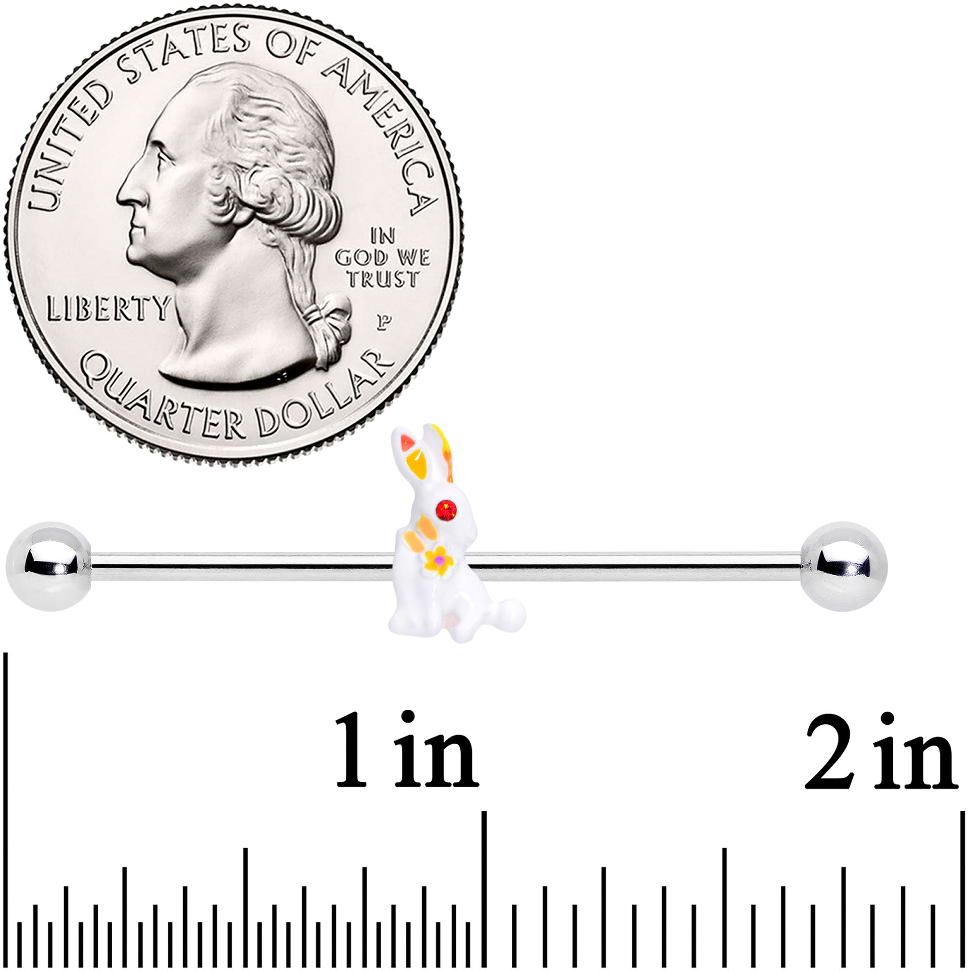 BodyCandy 14G Red Gem White Easter Bunny Industrial Barbell 38mm — detail close-up